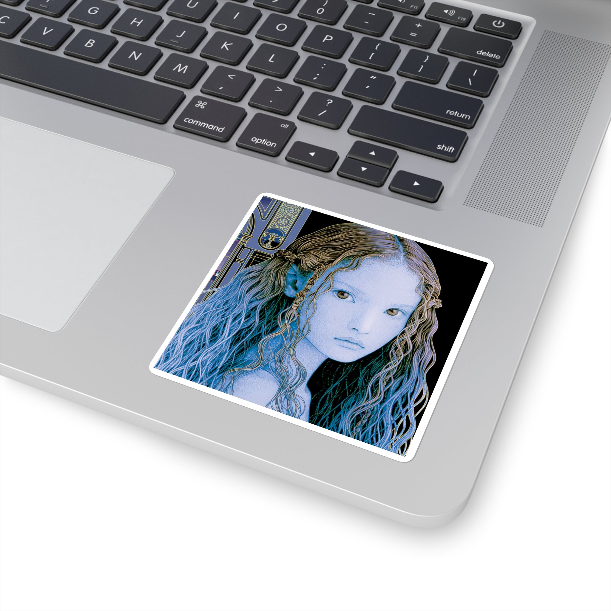 Ethereal Blue Elf Girl Square Sticker — Fantasy Anime Art Laptop Decal
