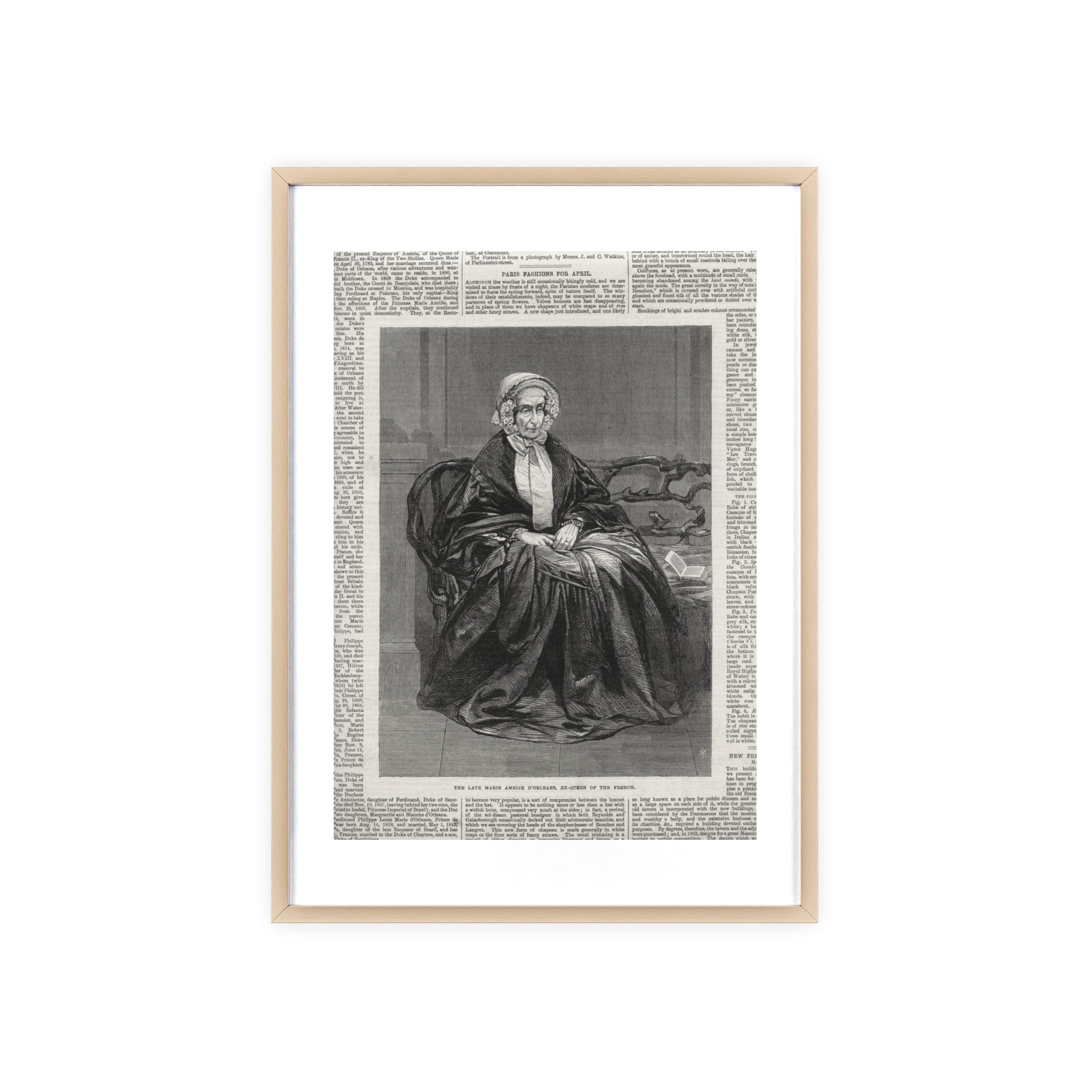 The Late Marie Amelie D'Orleans, Ex-Queen of the French. Vintage Portrait Newspaper Art Poster with Black Wooden Frame