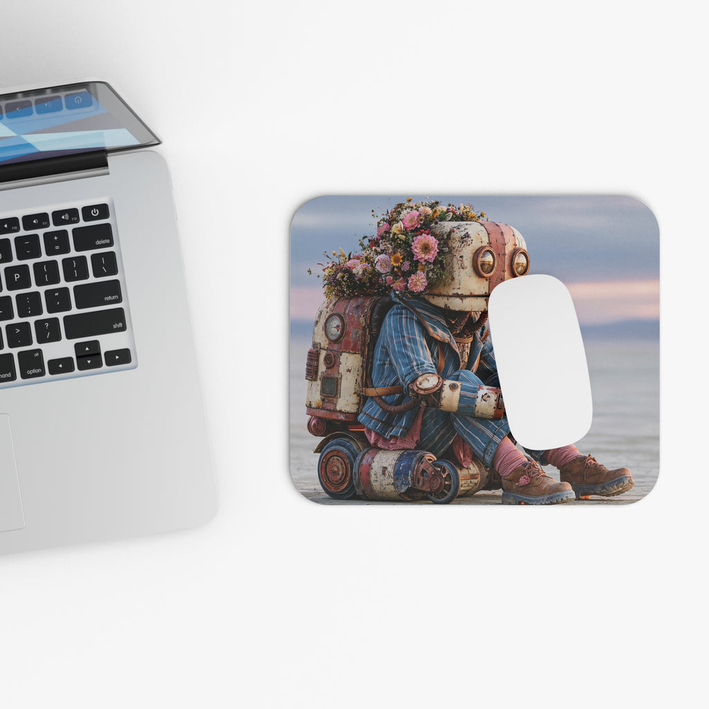 Robot with Flowers Mouse Pad — Cute Vintage Robot Desk Mat