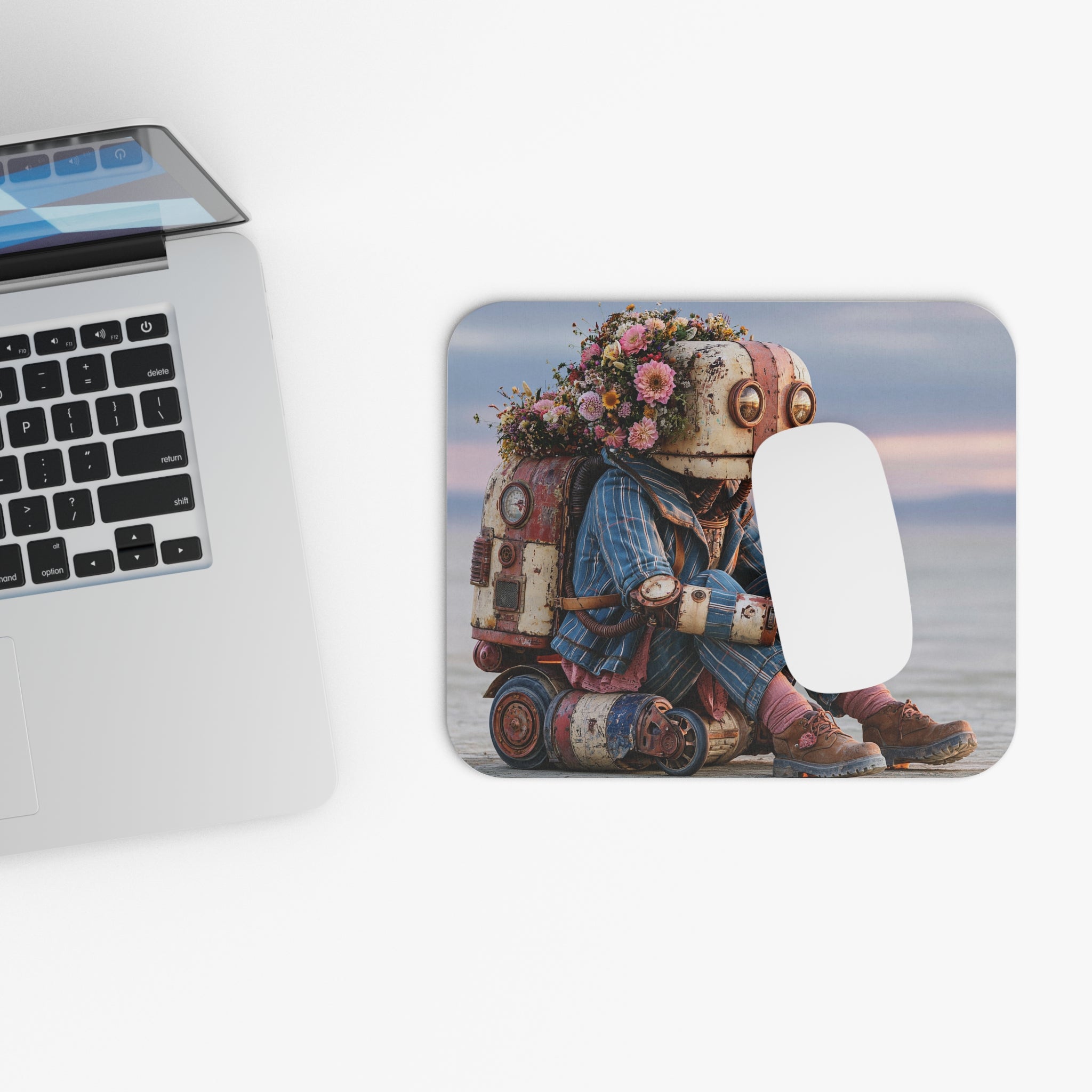 Robot with Flowers Mouse Pad — Cute Vintage Robot Desk Mat