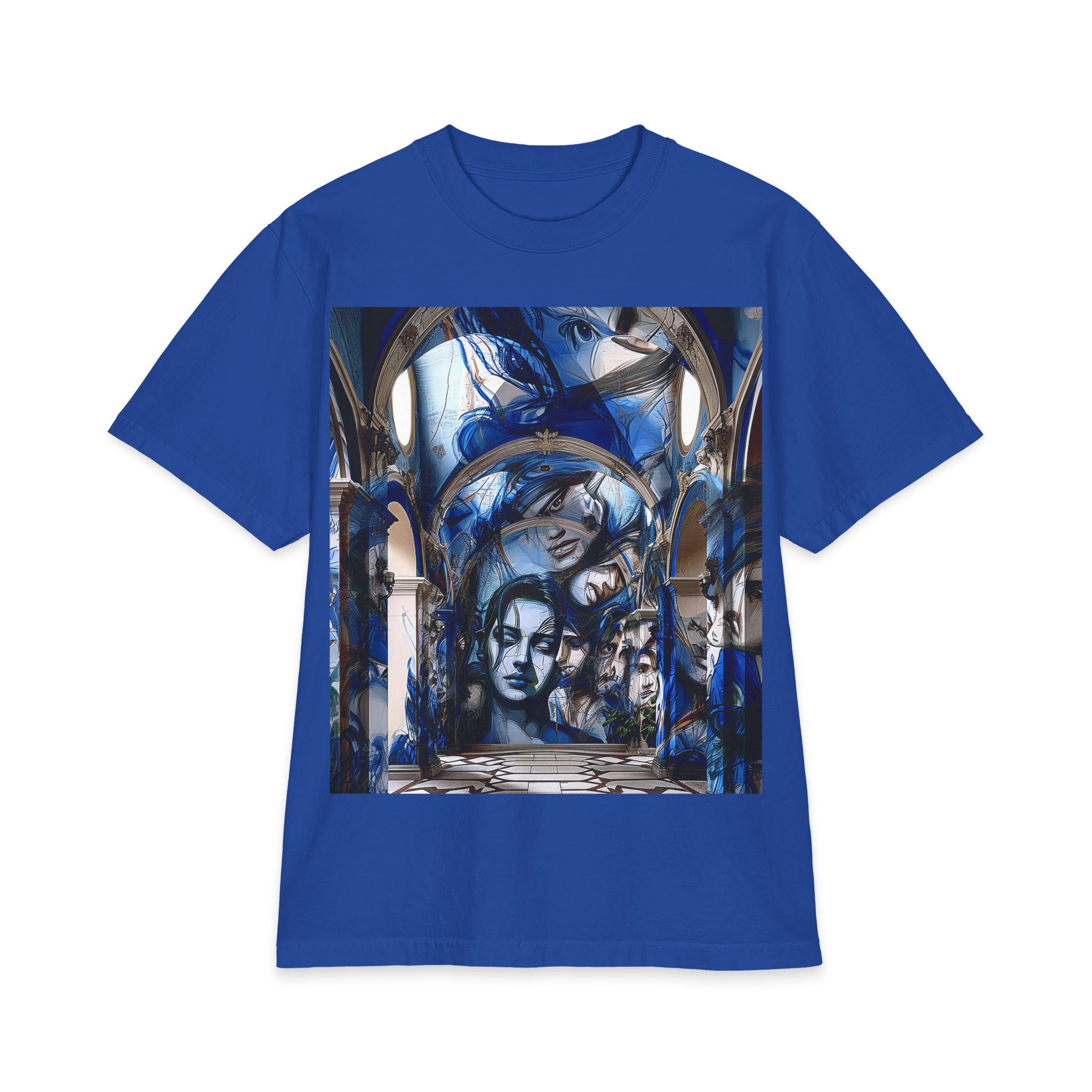 Artistic Portrait Tee — Blue Surreal Faces Graphic T-Shirt