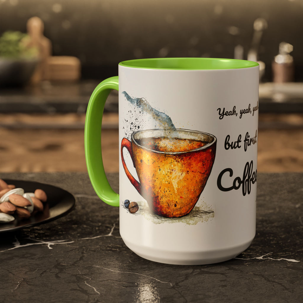 But First Coffee Ceramic Mug — Colorful Watercolor Coffee Cups (11oz & 15oz)