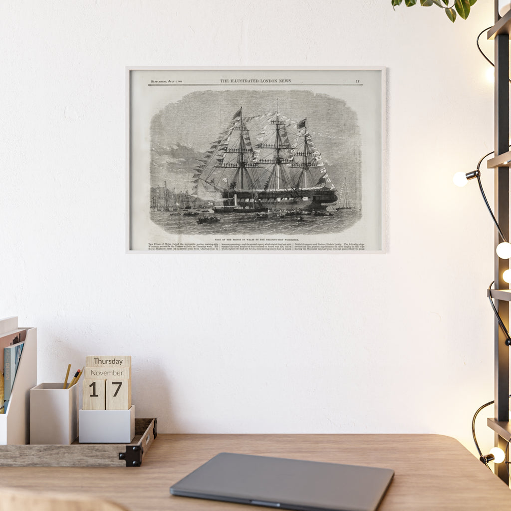 Visit of the Prince of Wales to the Training-Ship Worcester. Framed Vintage Sailing Ship Poster — Nautical Wall Art with Wooden Frame