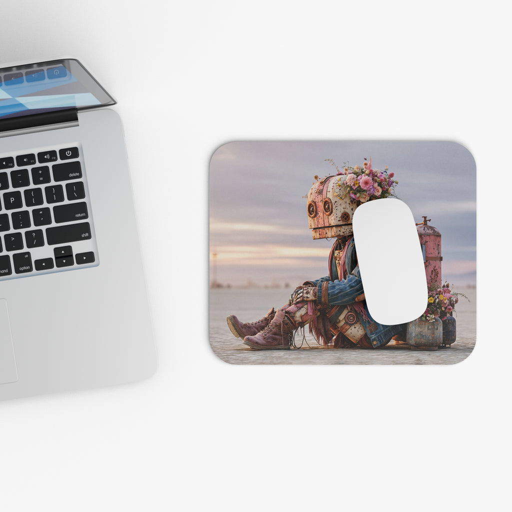 Rustic Floral Robot Mouse Pad — Cute Steampunk Desk Mat for Gamers & Creatives
