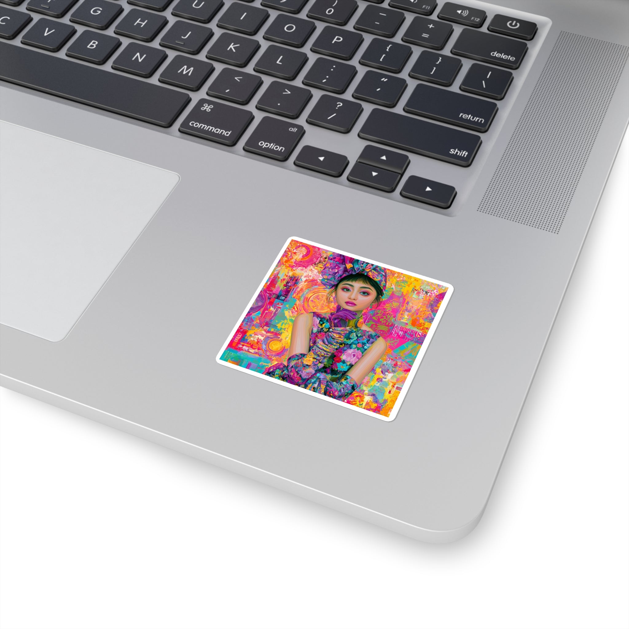 Colorful Floral Portrait Square Sticker — Vibrant Pop-Art Fashion Decal