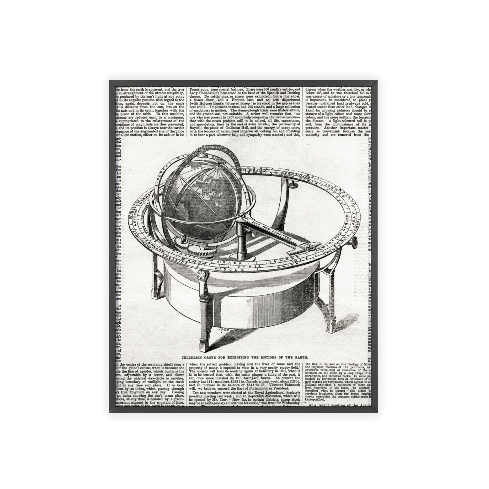 TELLURION GLOBE for Exhibiting the Motions of the Earth. Vintage Celestial Globe Poster with Wooden Frame — Antique Astronomy Wall Art