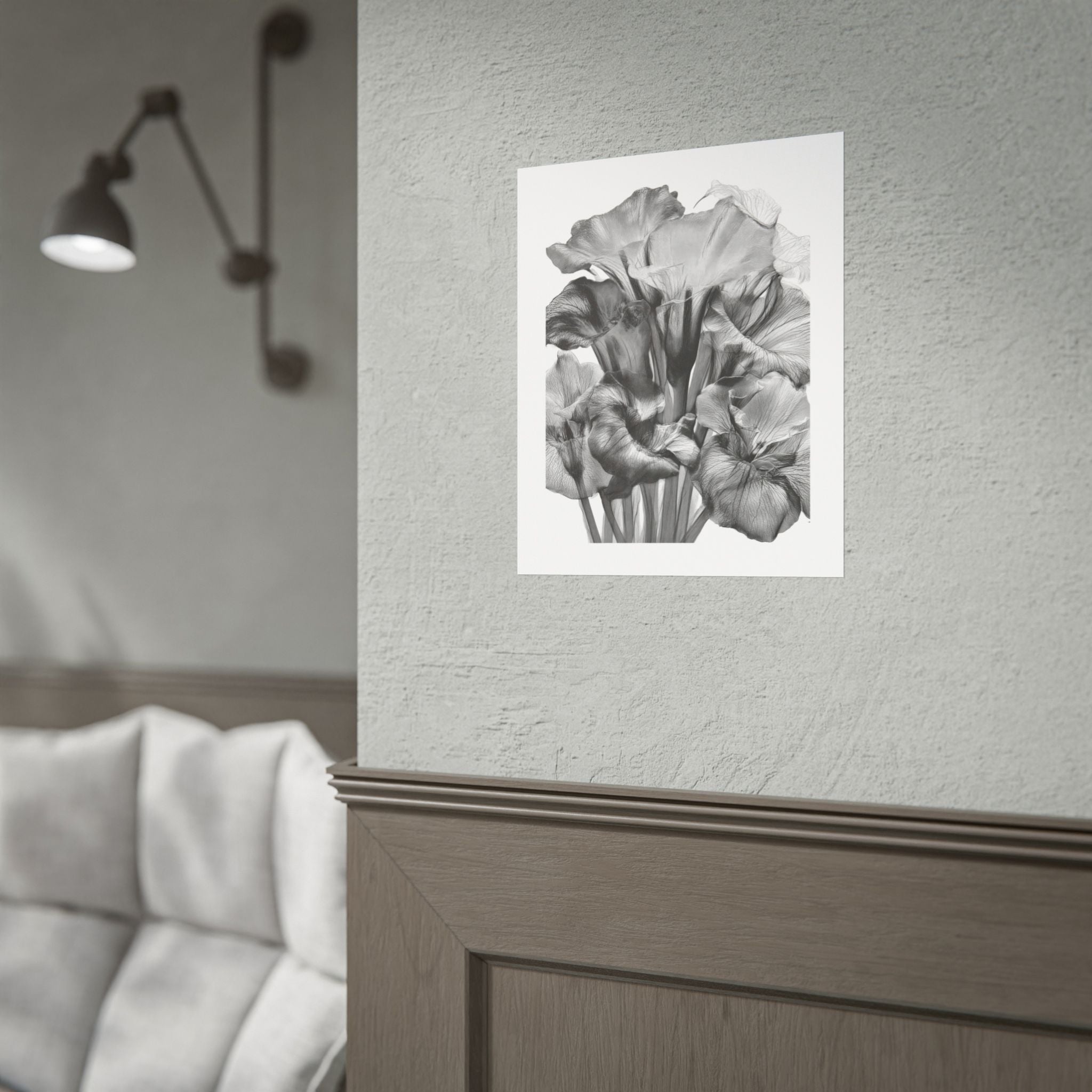 Black & White Iris Botanical Poster — Monochrome Floral Wall Art (Rolled Poster)