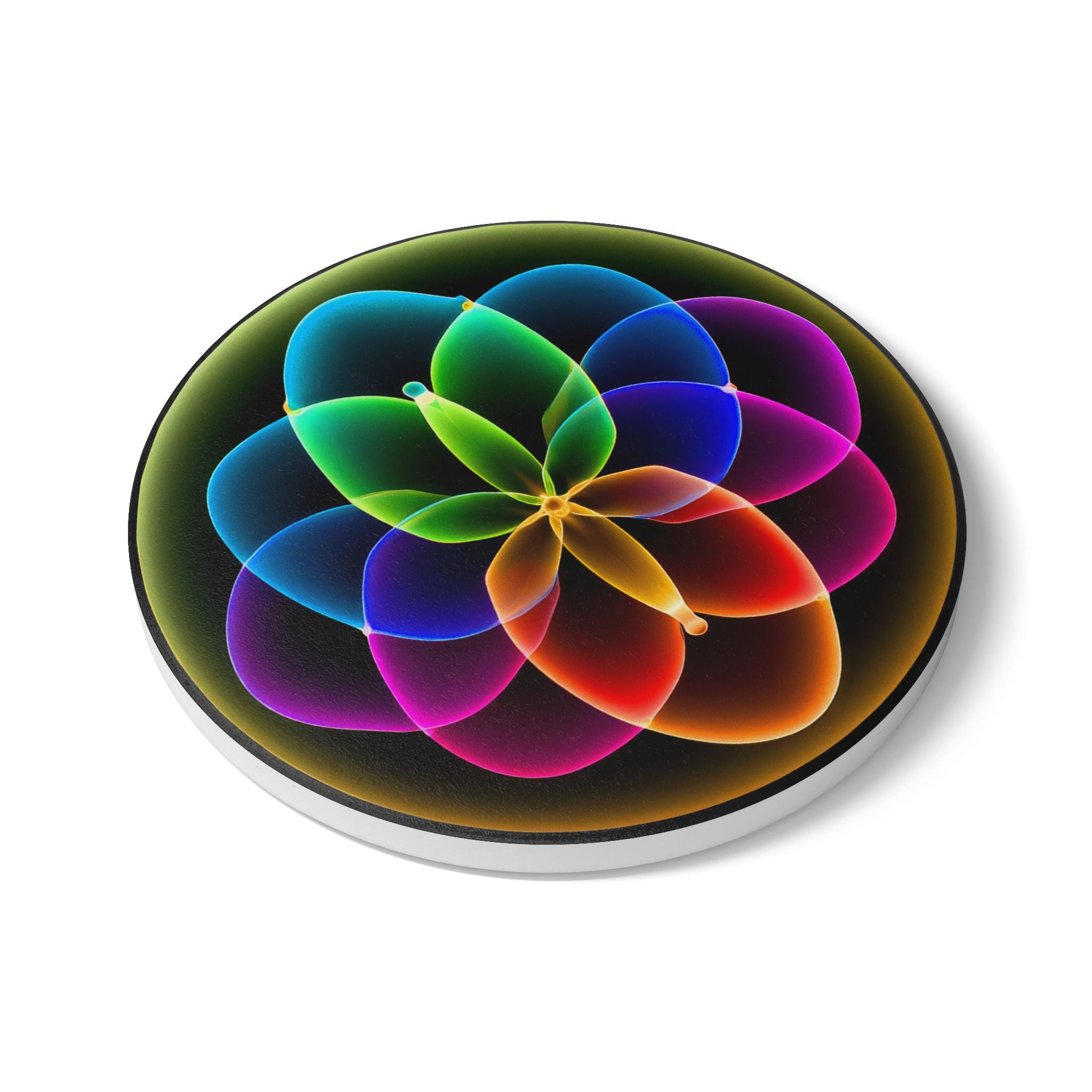 Ceramic Coaster — Rainbow Sacred Geometry Flower Design | Vibrant Mandala Cork-Back Drink Coaster