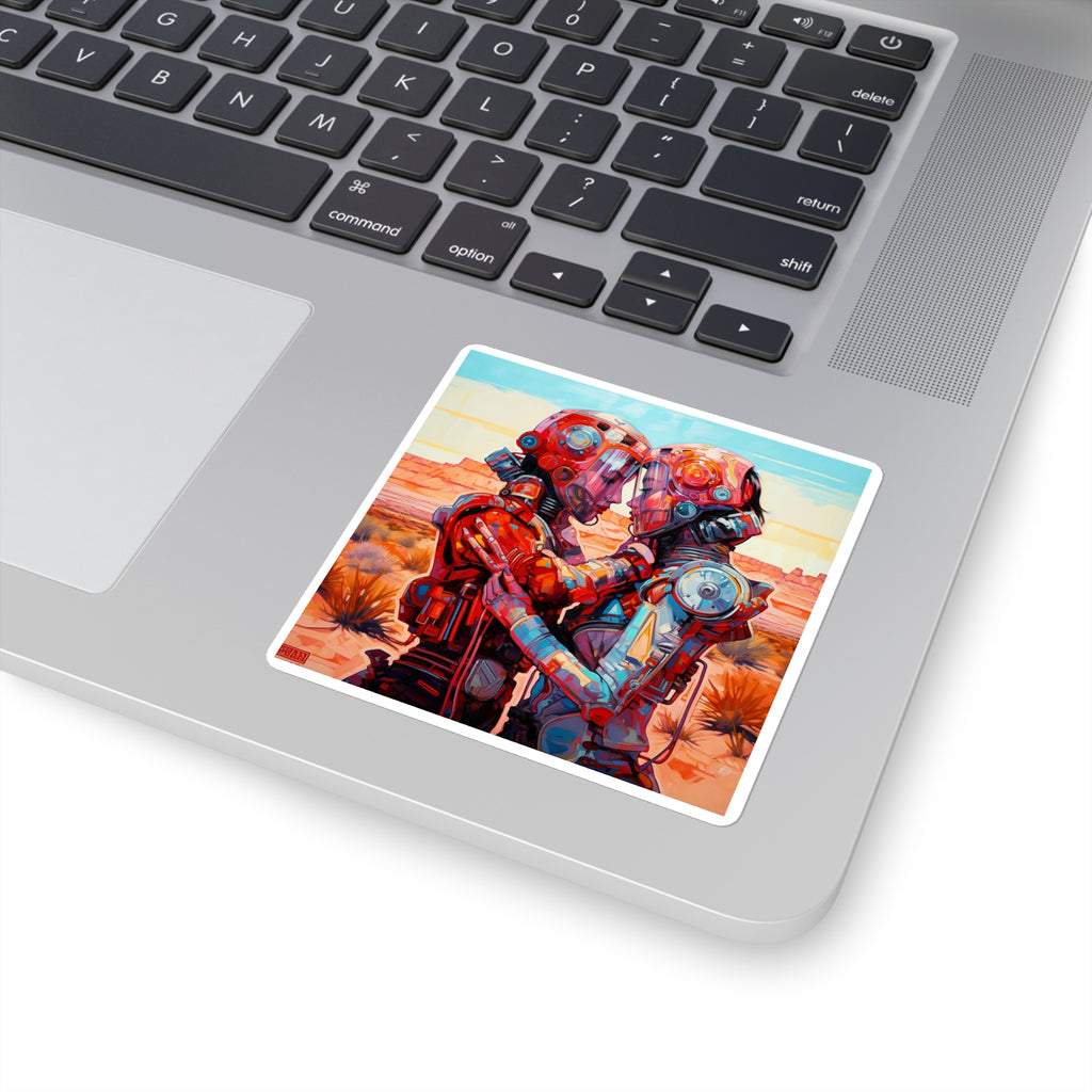 Square Sticker — Retro Futuristic Robots Embrace (Colorful Sci‑Fi Art)