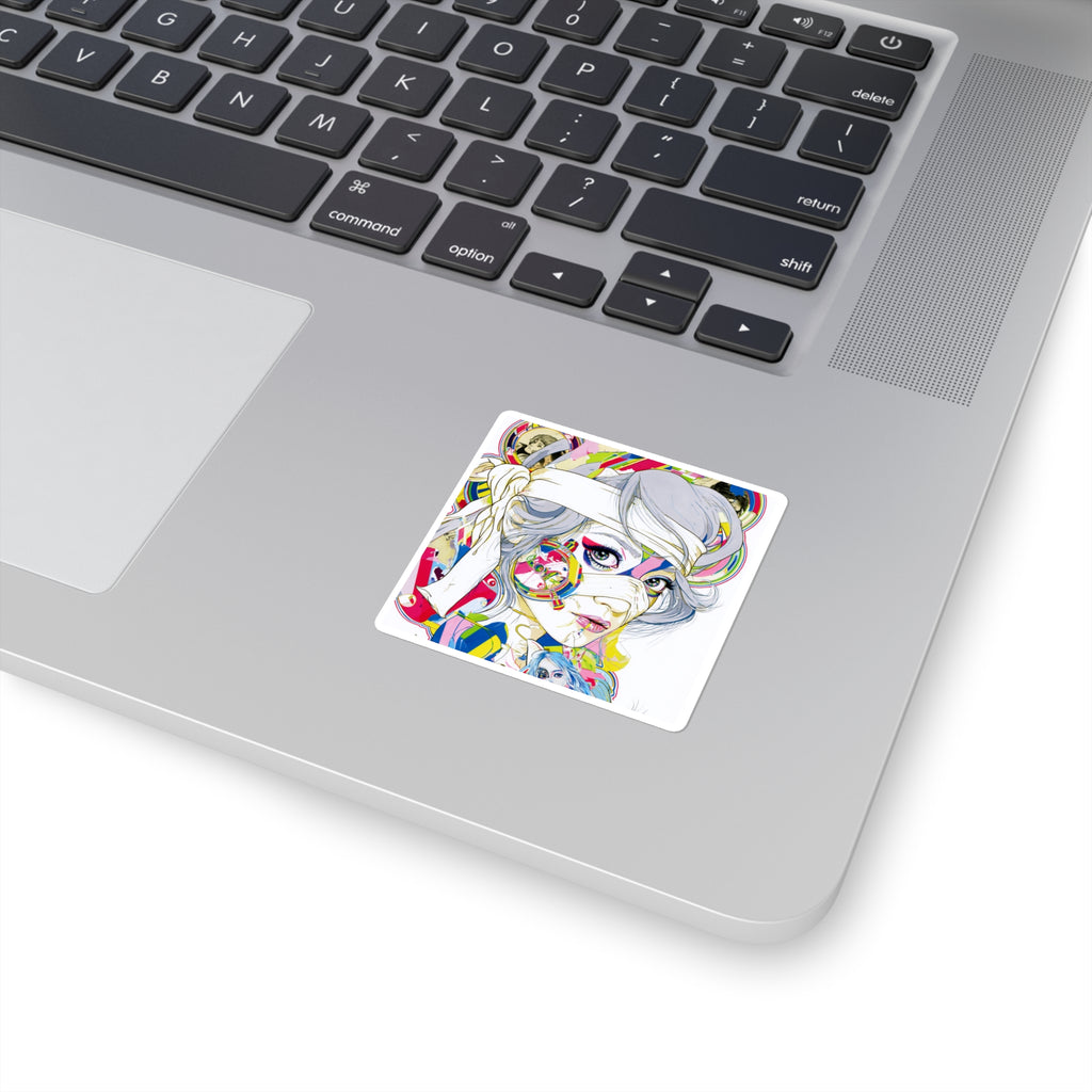 Pop Art Female Portrait Square Sticker — Colorful Anime-Inspired Laptop Decal