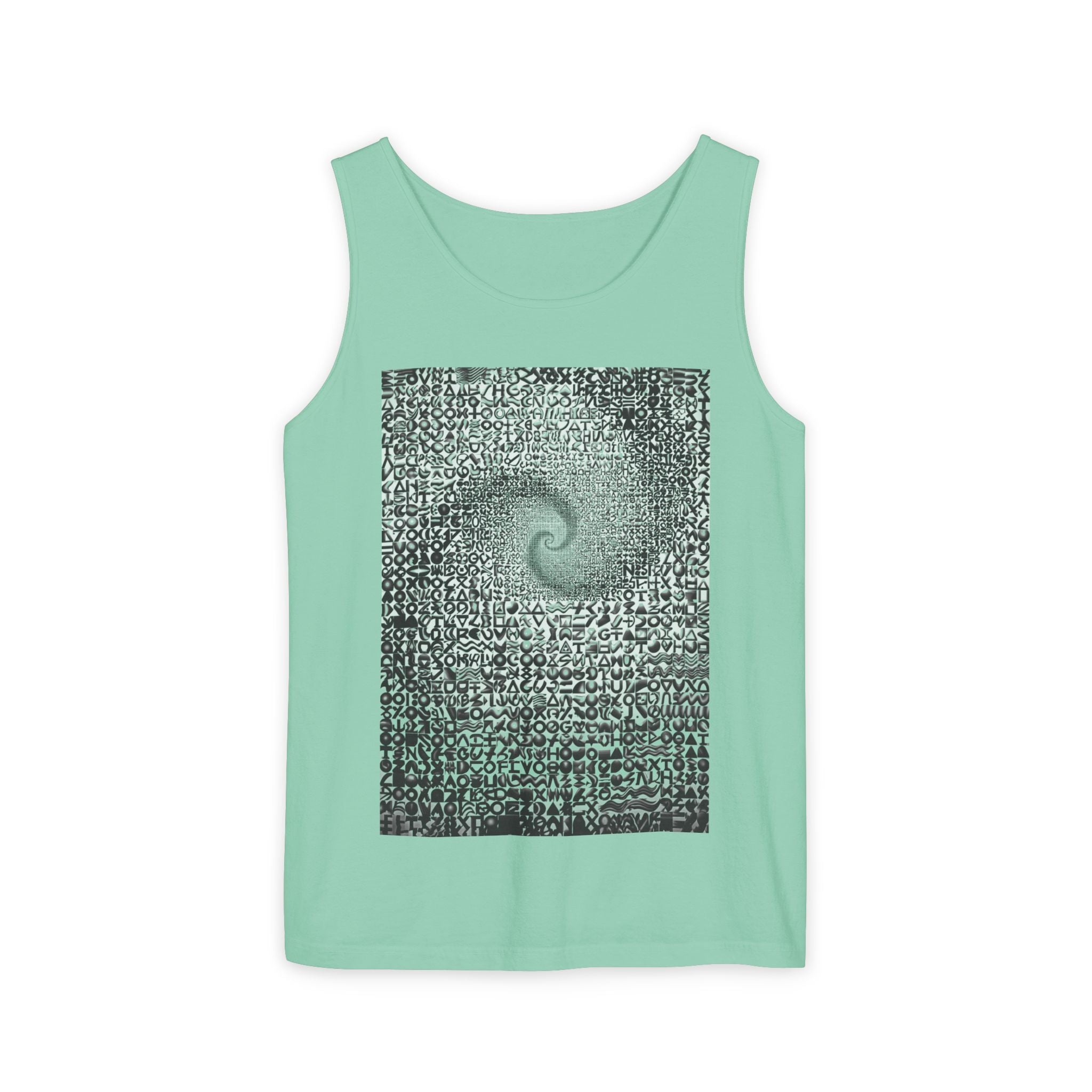Spiral Text Art Tank Top — Monochrome Optical Typography Tee