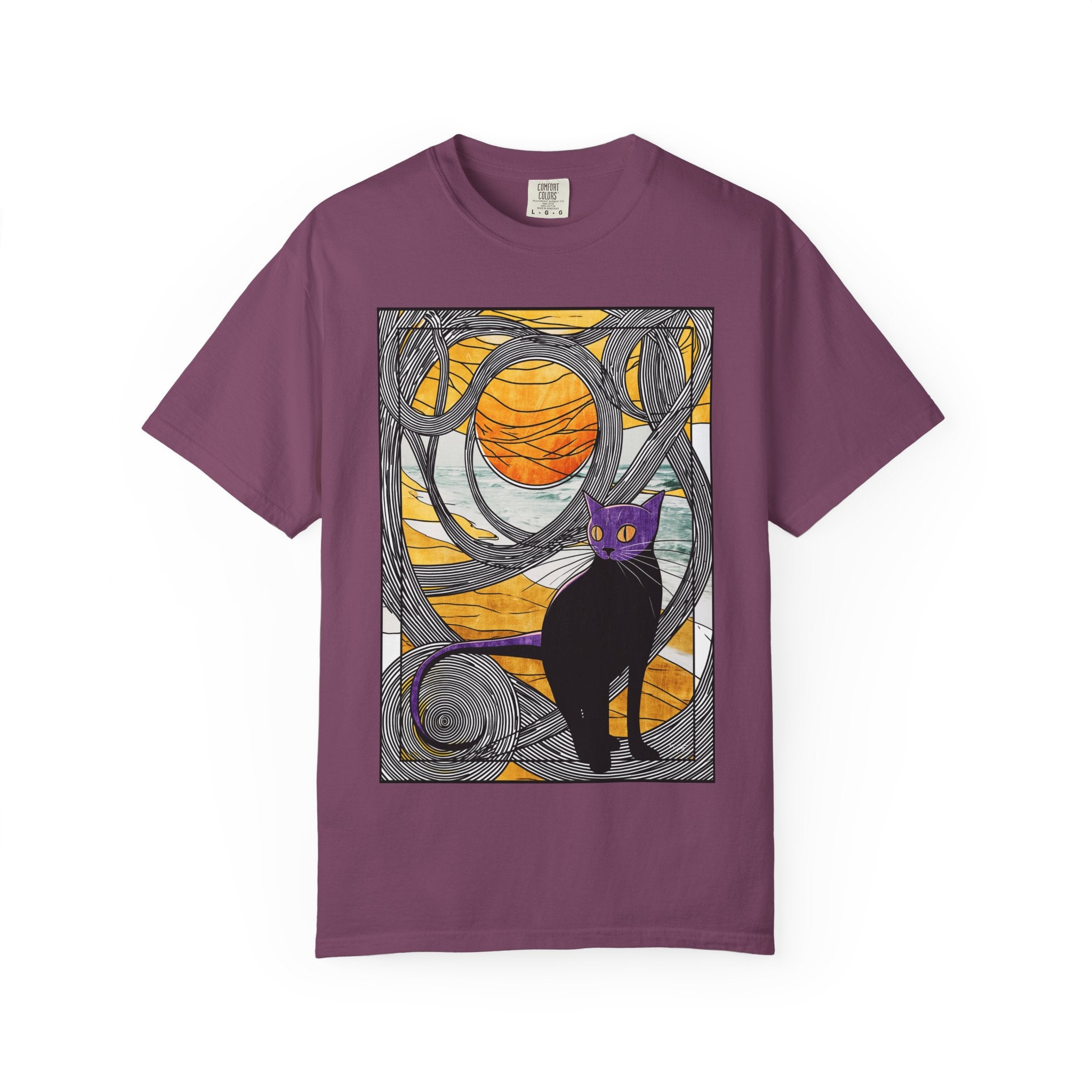 Cat Moon T-Shirt — Black Cat with Purple Mask & Sunset Stained-Glass Design
