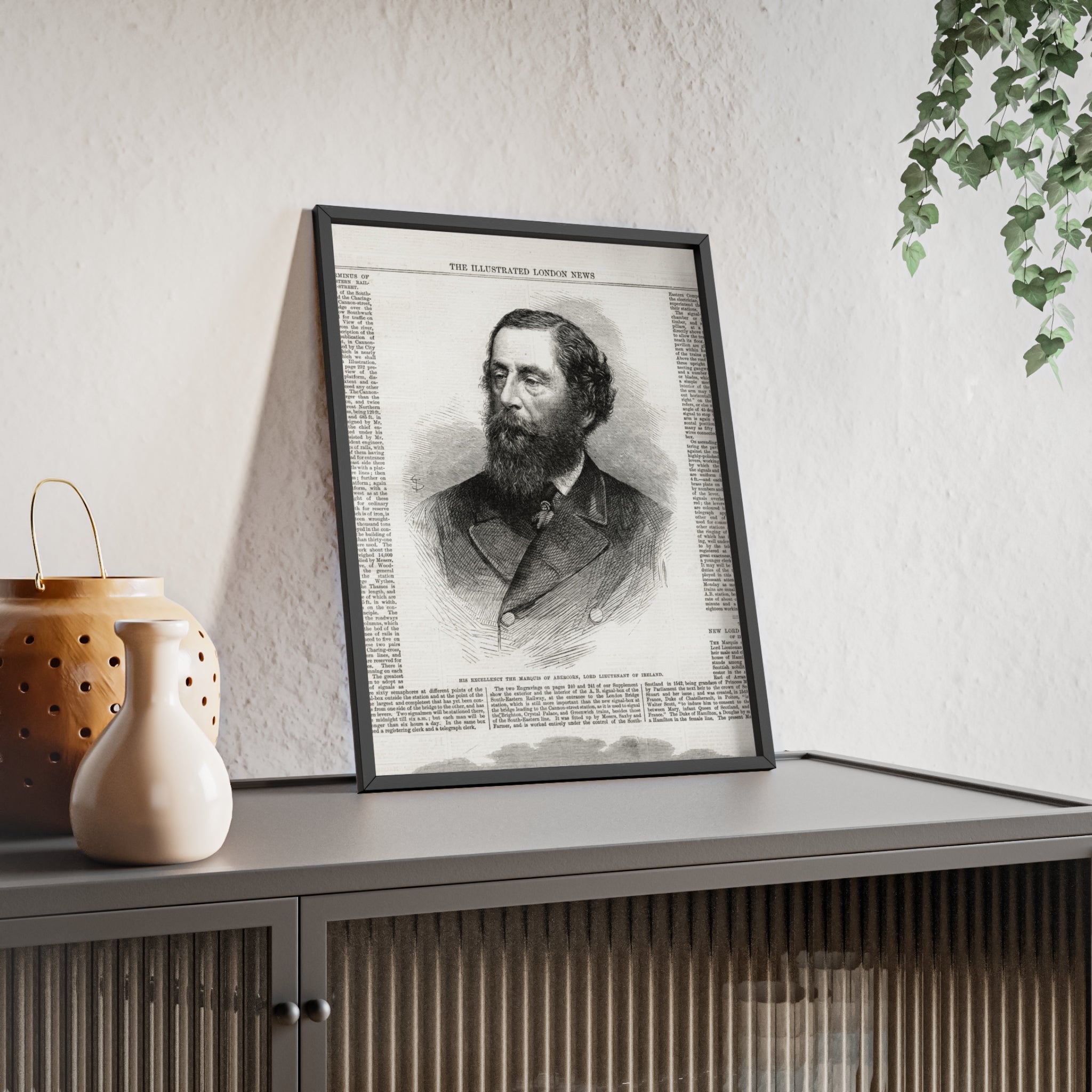 His Excellency the Marquis of Abercorn, Lord Lieutenant of Ireland. Vintage Illustrated Portrait Poster with Wooden Frame — Antique Newspaper Print