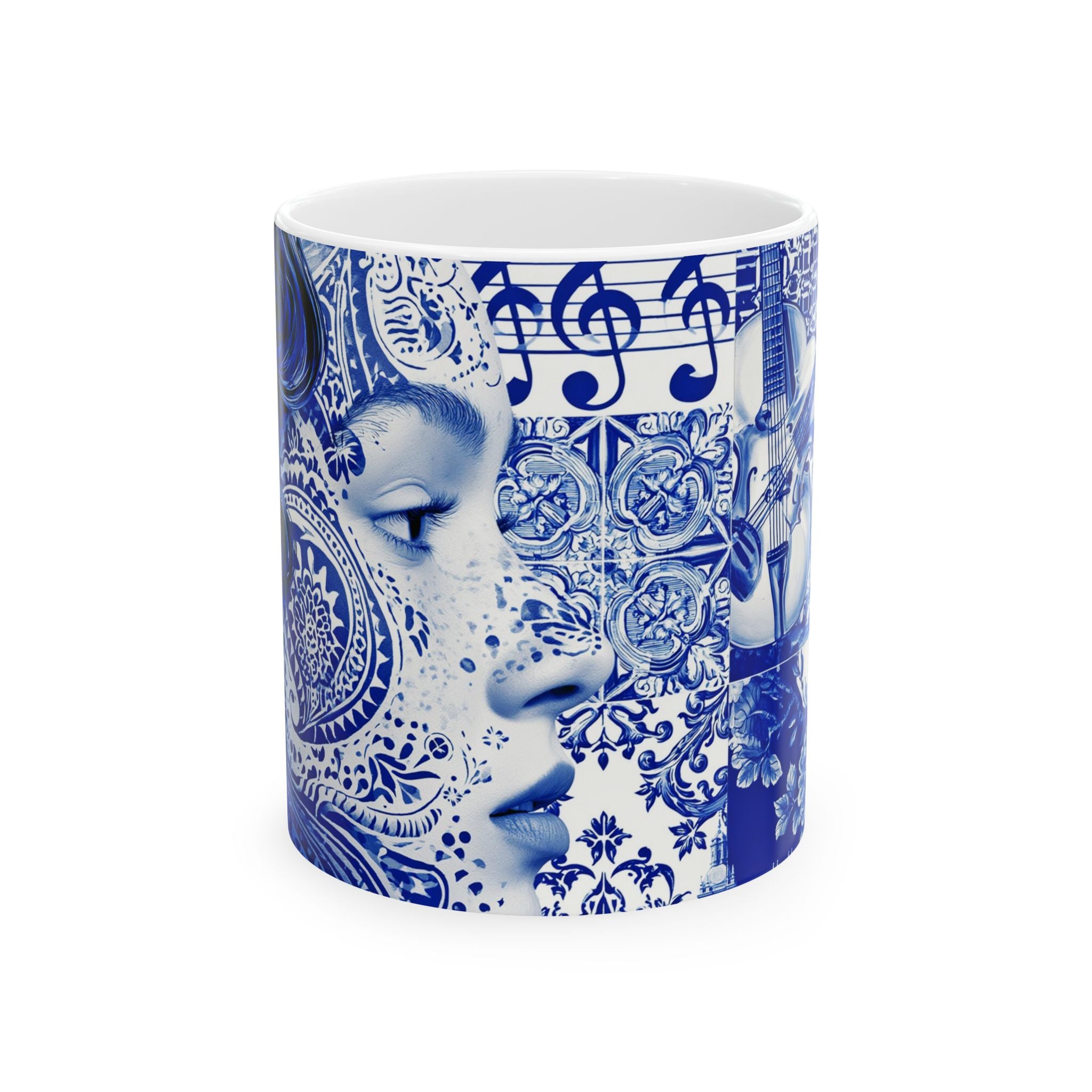 Blue Mosaic Face Ceramic Mug — Artistic Patterned 11oz/15oz Coffee Cup
