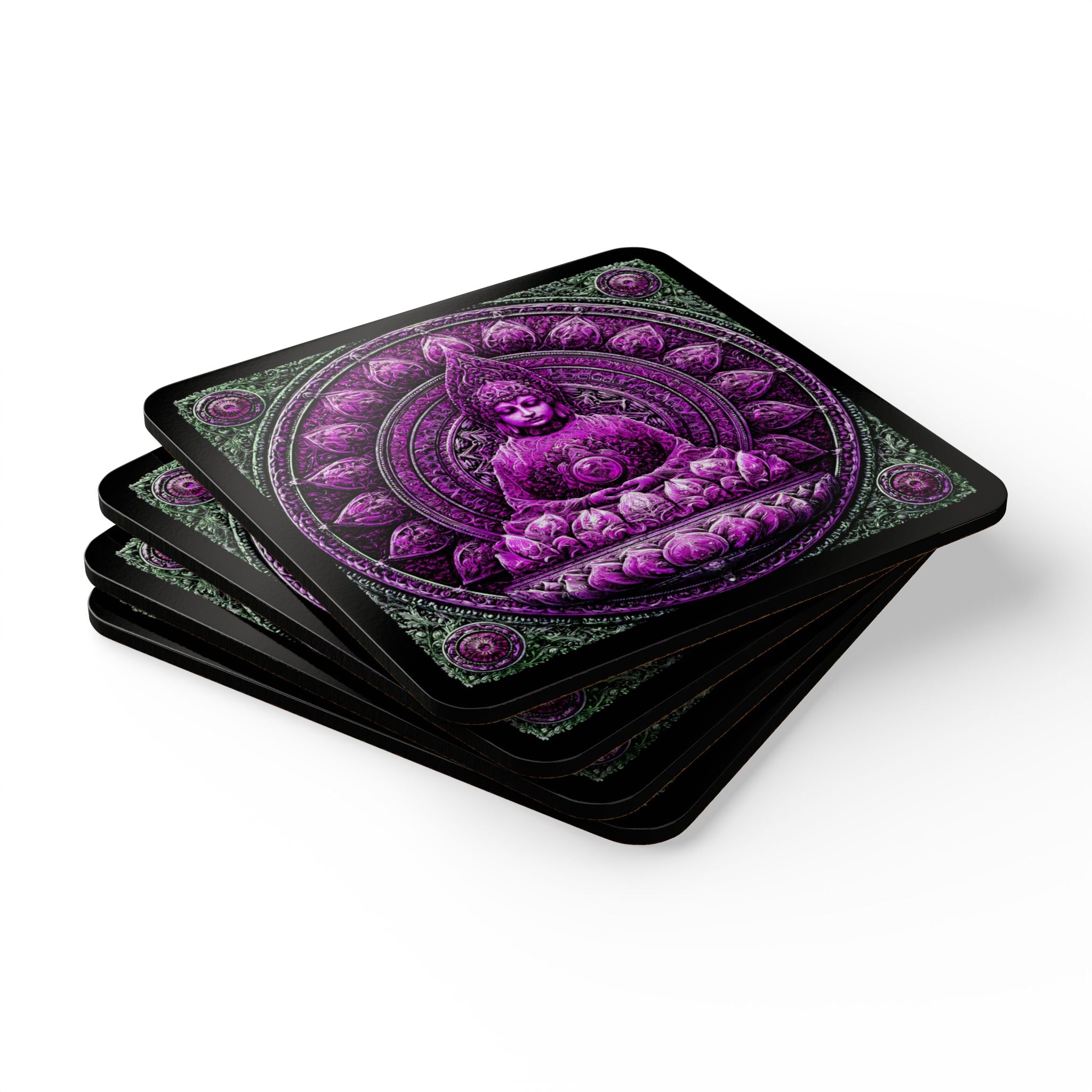 Buddha Mandala Corkwood Coaster Set – Purple Lotus Meditation Drink Coasters