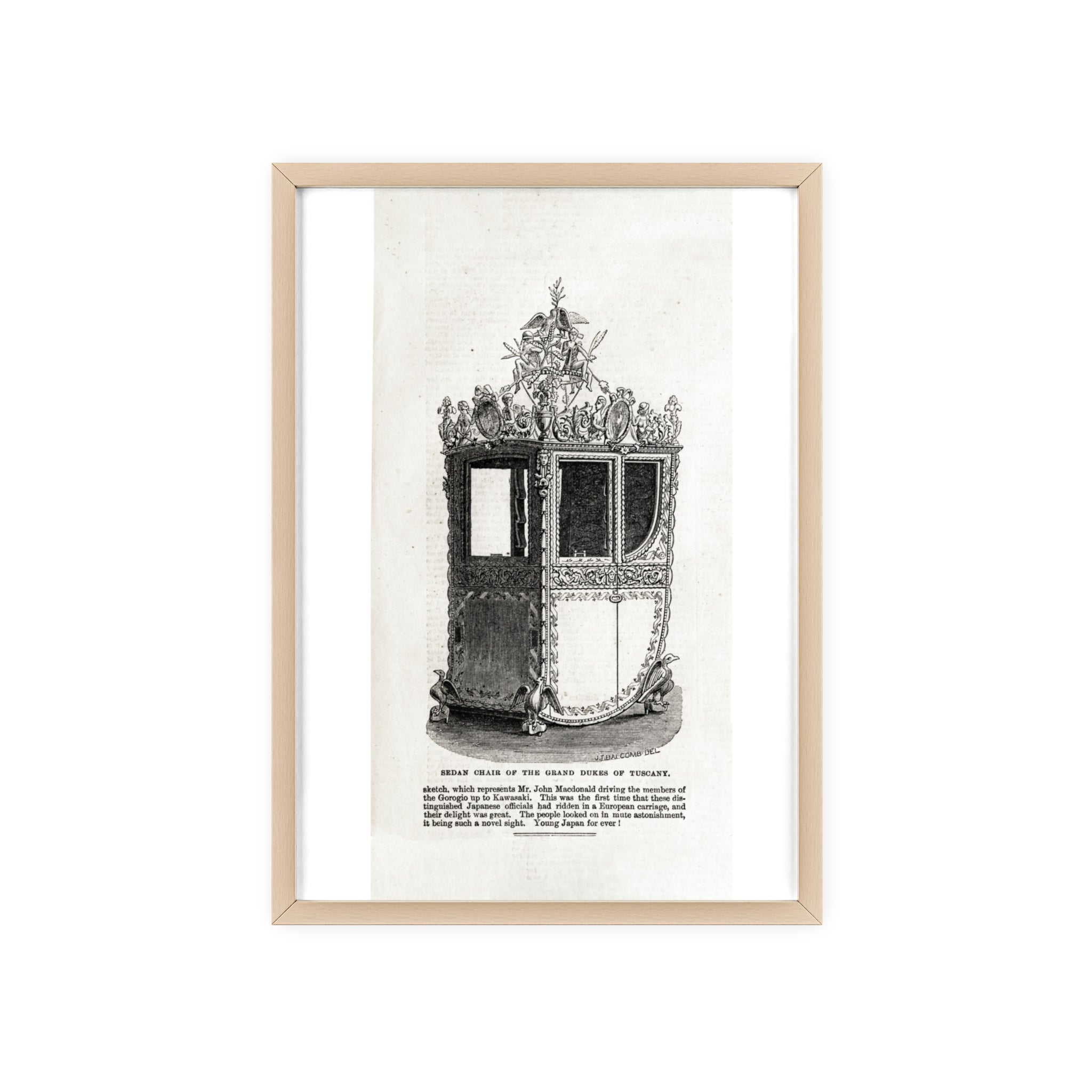 Chair of the GRAND DUKES of TUSCANY. Antique Carriage Print Poster with Wooden Frame — Vintage Engraving Wall Art