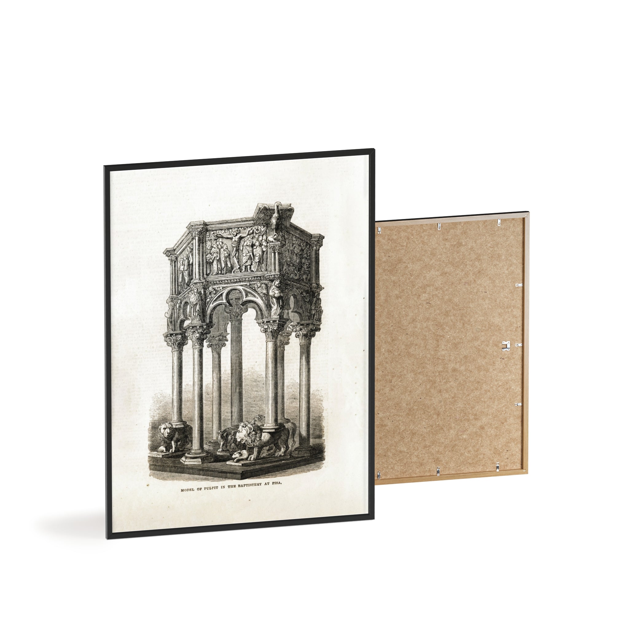 Model of Pulpit in the Baptistery at PISA. Antique Architectural Print Poster — Gothic Baptistery Illustration in Wooden Frame