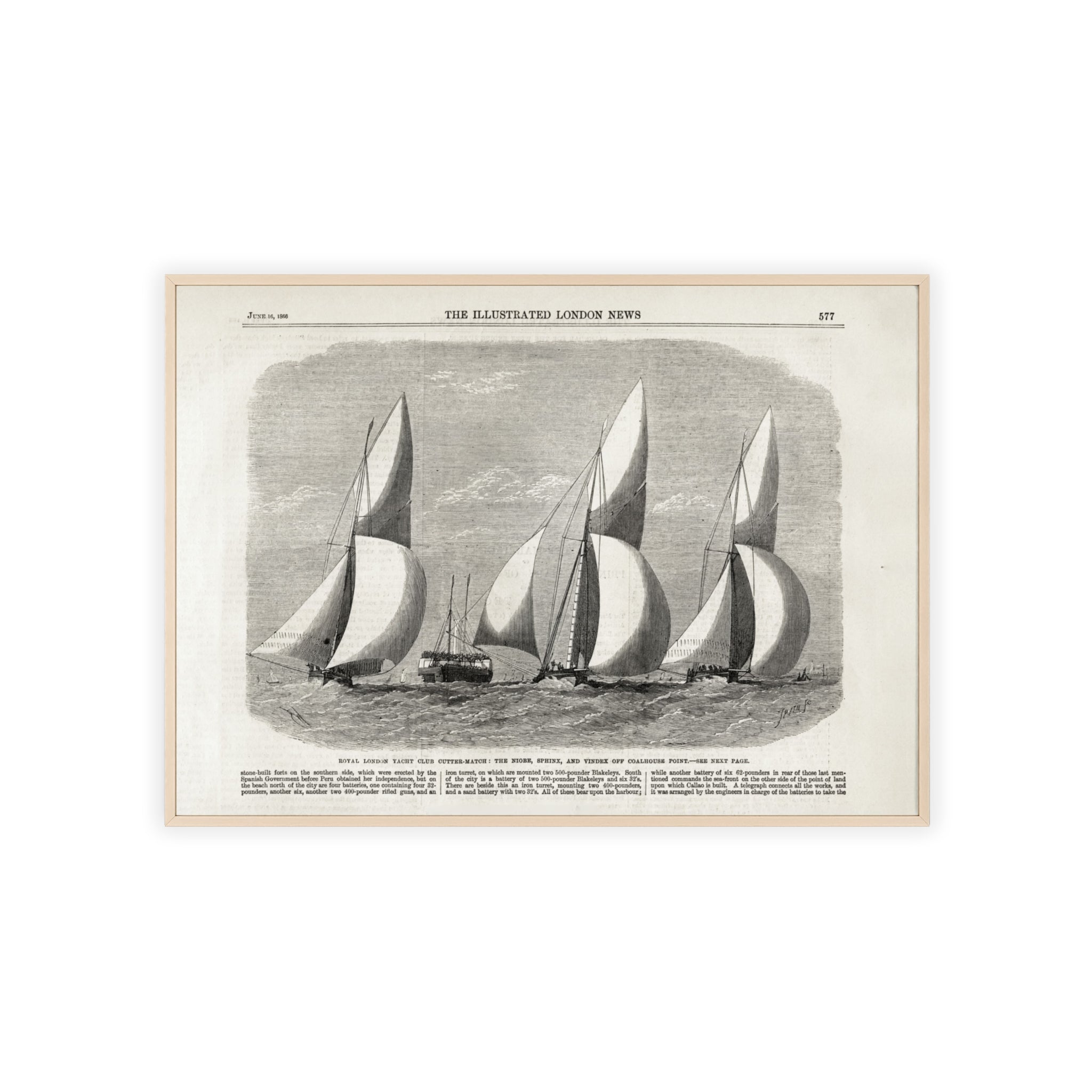 Royal London Yacht Club Cutter-Match. Vintage Sailing Print Poster with Wooden Frame — Nautical Wall Art