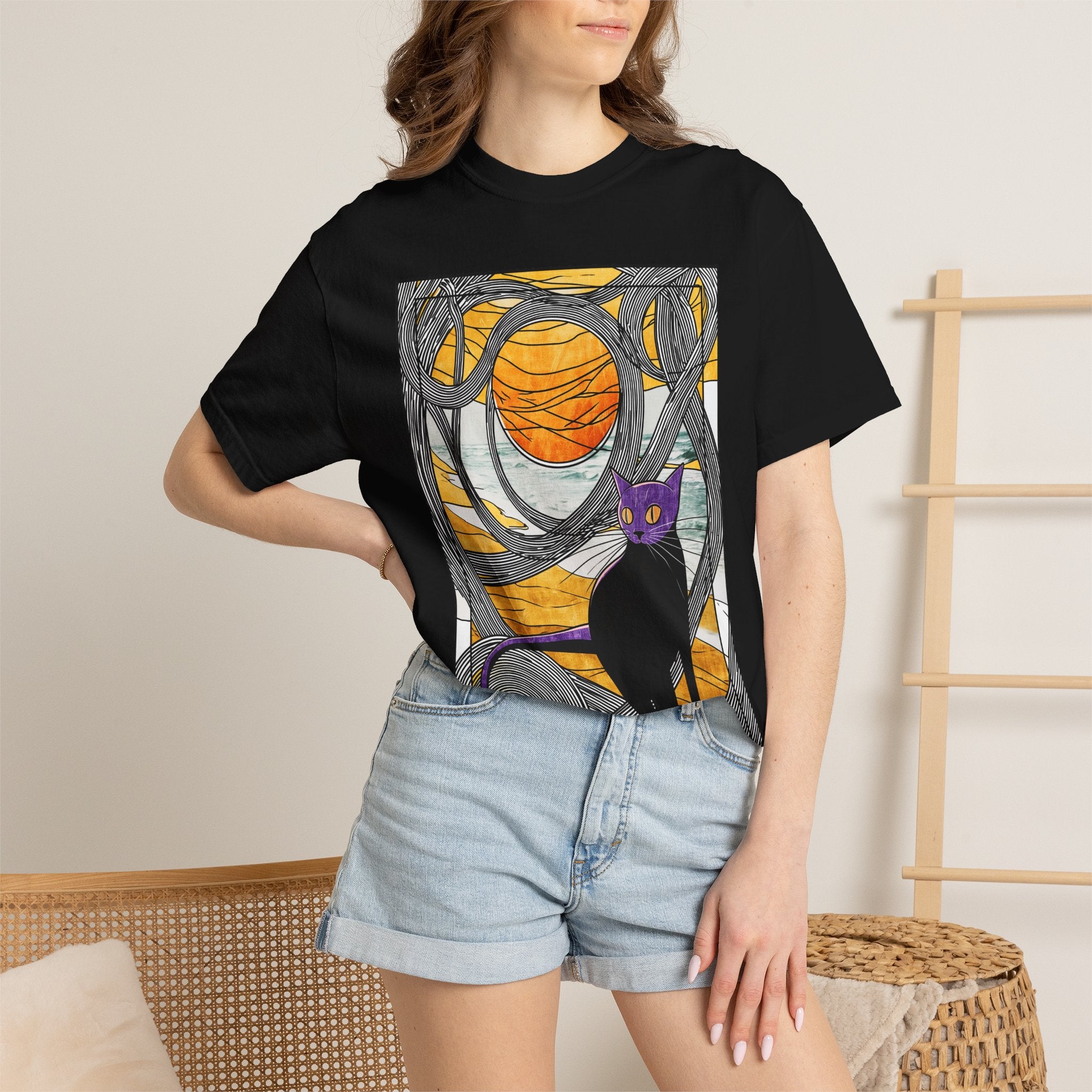 Cat Moon T-Shirt — Black Cat with Purple Mask & Sunset Stained-Glass Design