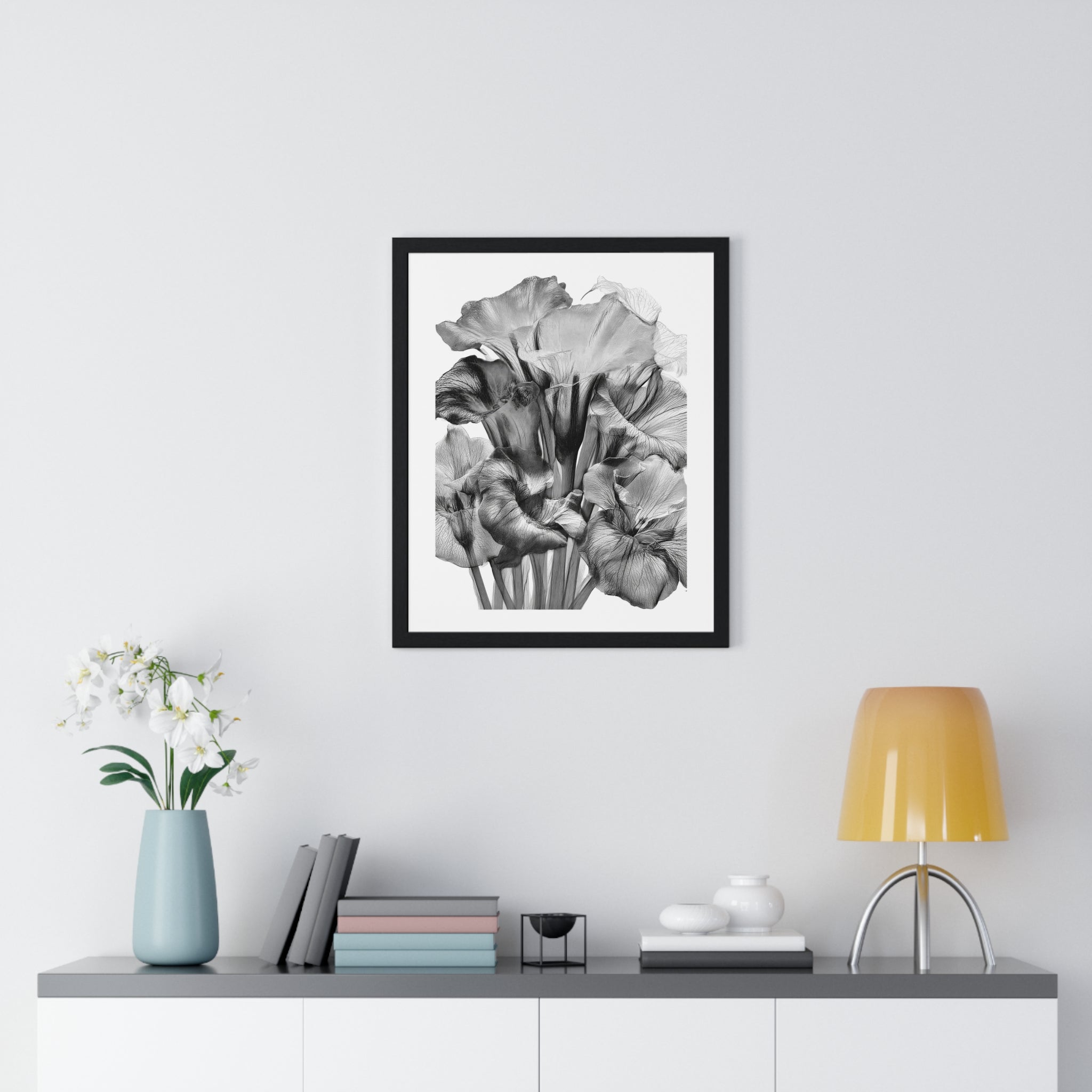 Monochrome Iris Floral Poster — Vertical Framed Wall Art