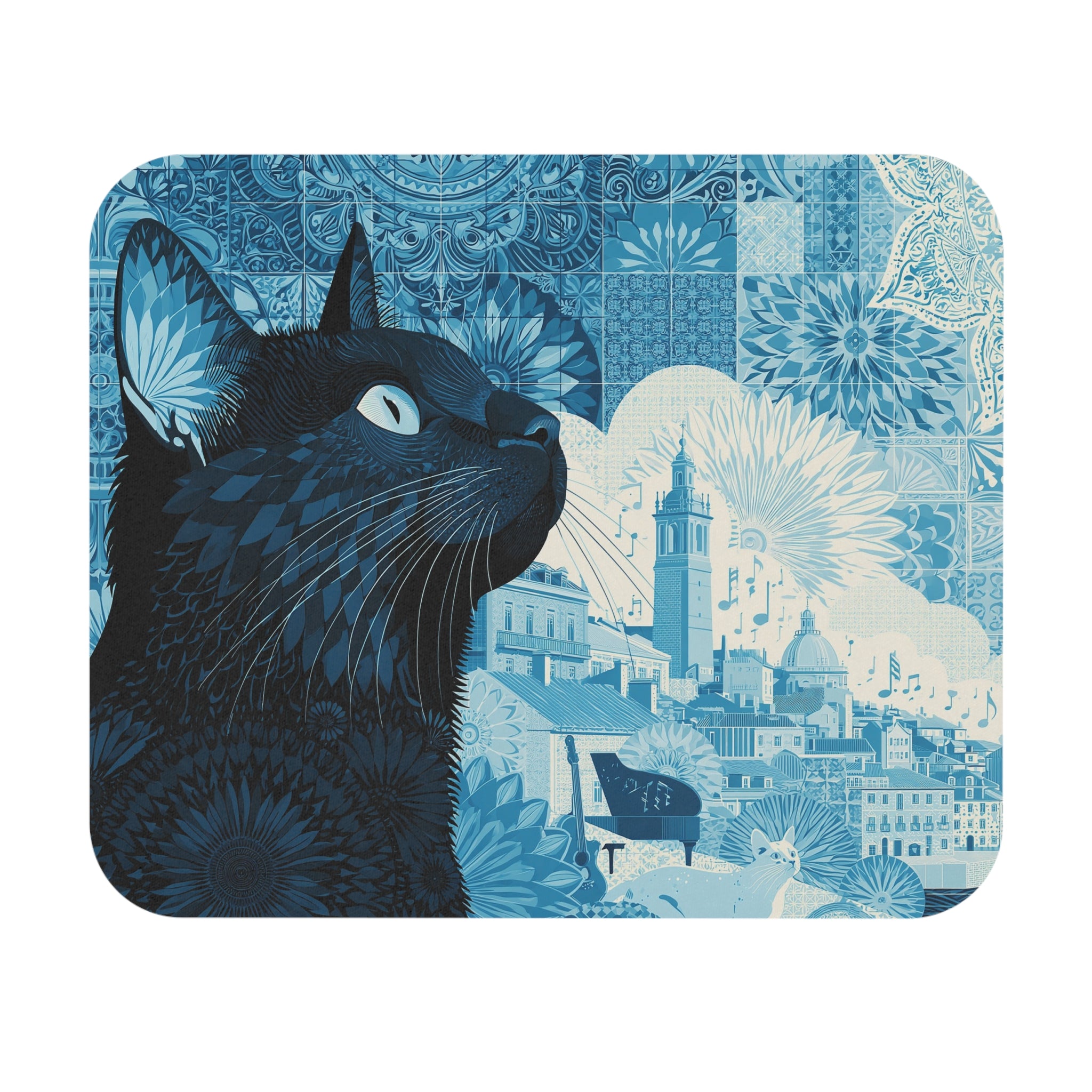 Blue Cat Scenic Rectangle Mouse Pad — Artistic Cityscape & Floral Design