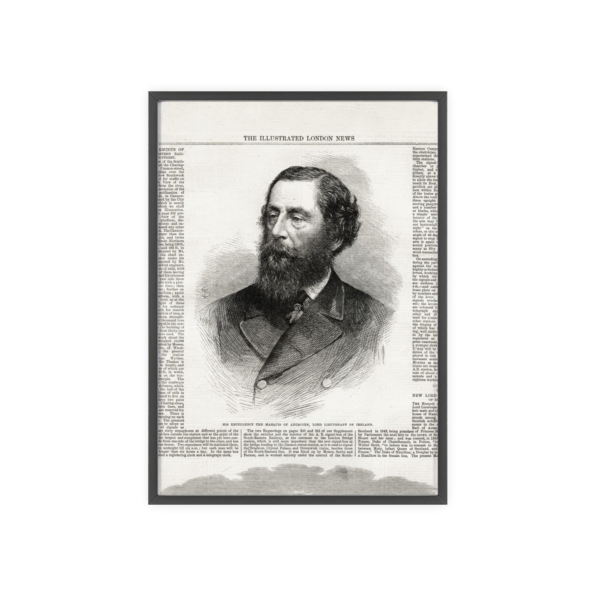 His Excellency the Marquis of Abercorn, Lord Lieutenant of Ireland. Vintage Illustrated Portrait Poster with Wooden Frame — Antique Newspaper Print