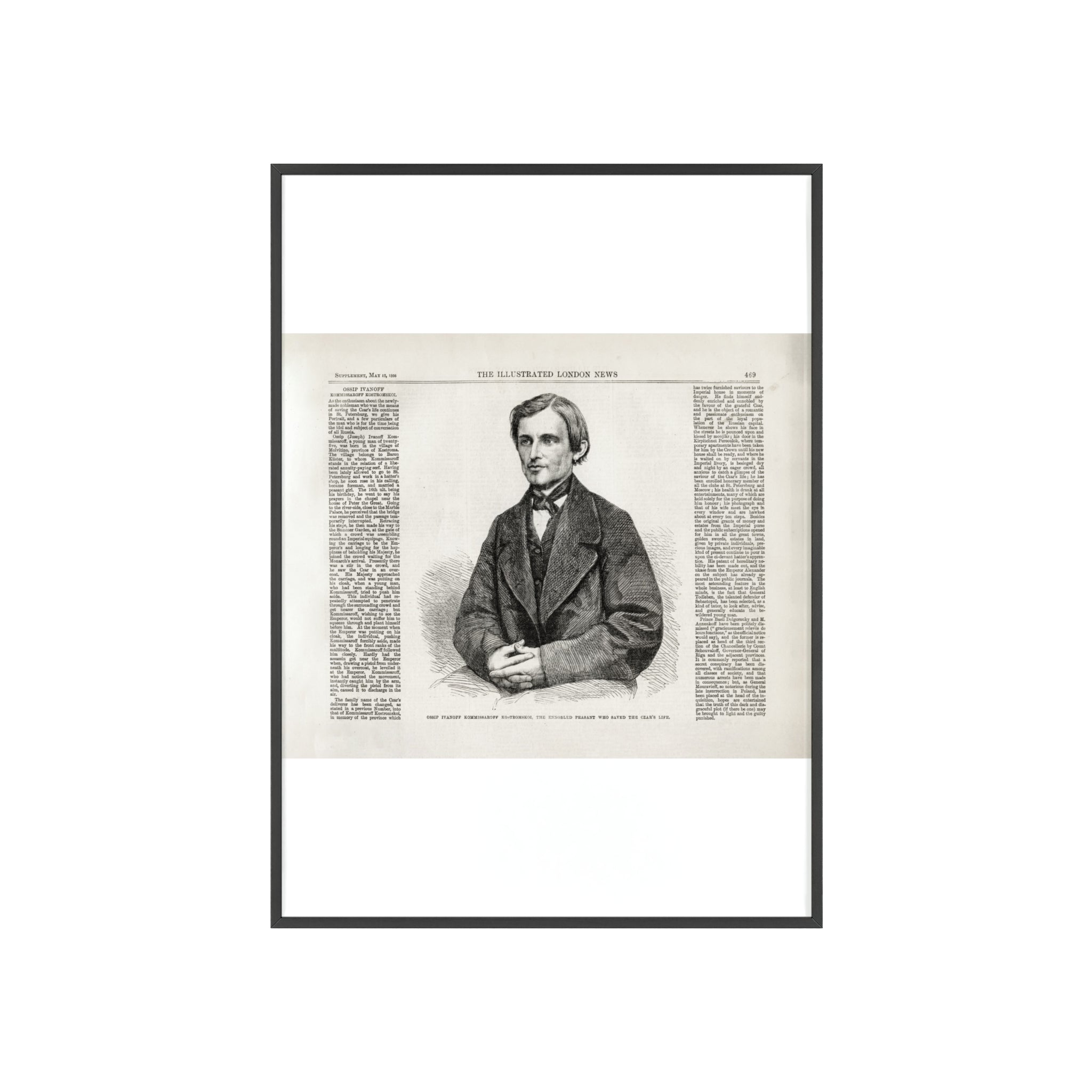 OSSIP IVANOFF, the peasant who saved the CZAR's Life. Vintage Illustrated Portrait Poster with Wooden Frame — Antique Newspaper Art Print