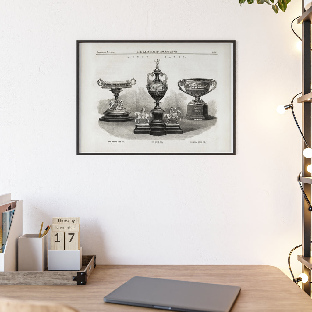 The ASCOT Races. Vintage Trophy Engraving Poster with Wooden Frame