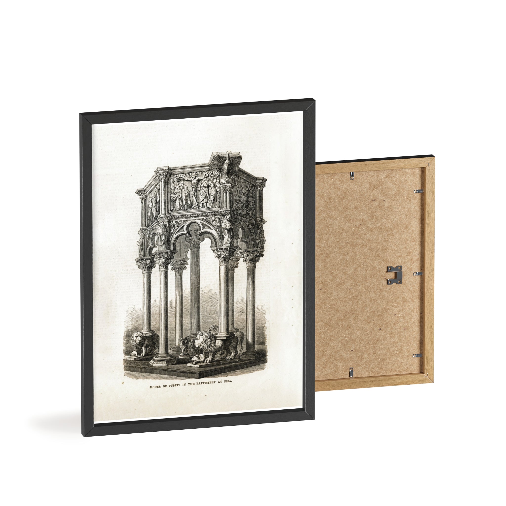 Model of Pulpit in the Baptistery at PISA. Antique Architectural Print Poster — Gothic Baptistery Illustration in Wooden Frame