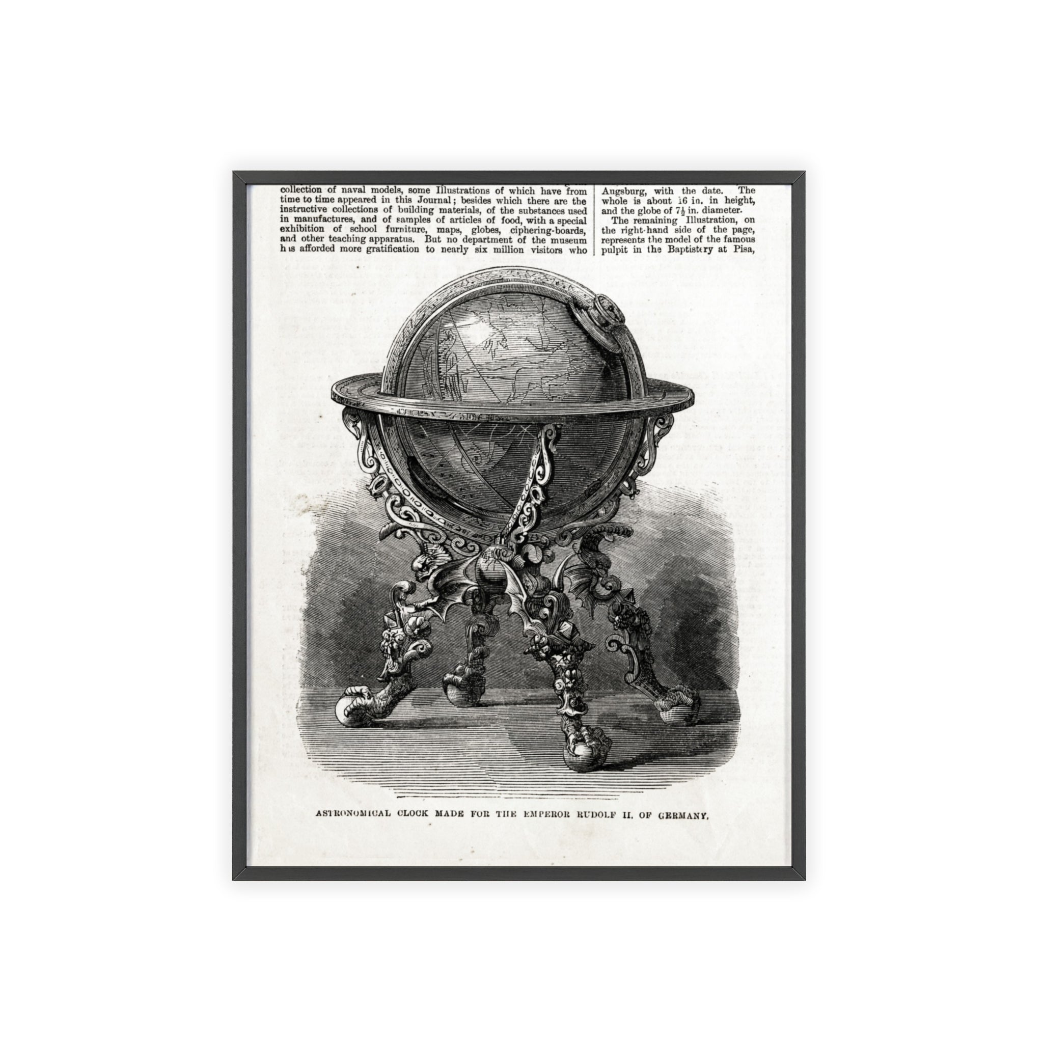 Astronomical Clock made for the Emperor RUDOLPH II, of Germany. Vintage Globe Illustration Poster with Wooden Frame — Antique Map Print