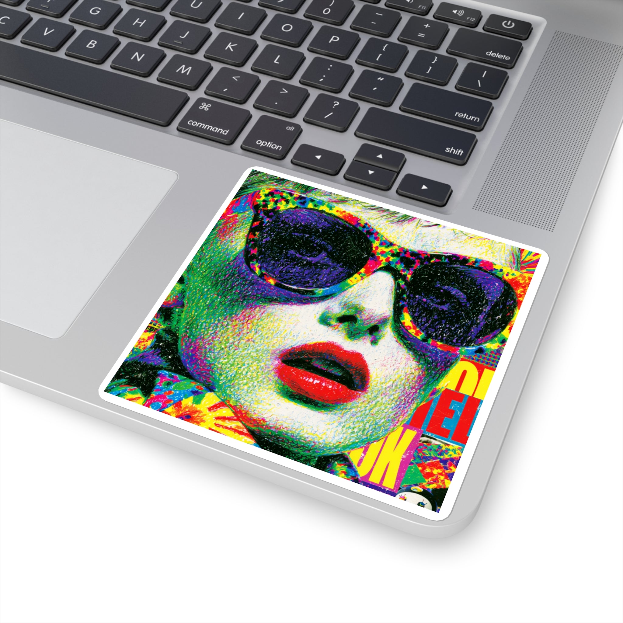 Pop Art Sunglasses Square Sticker — Colorful Retro Portrait Decal