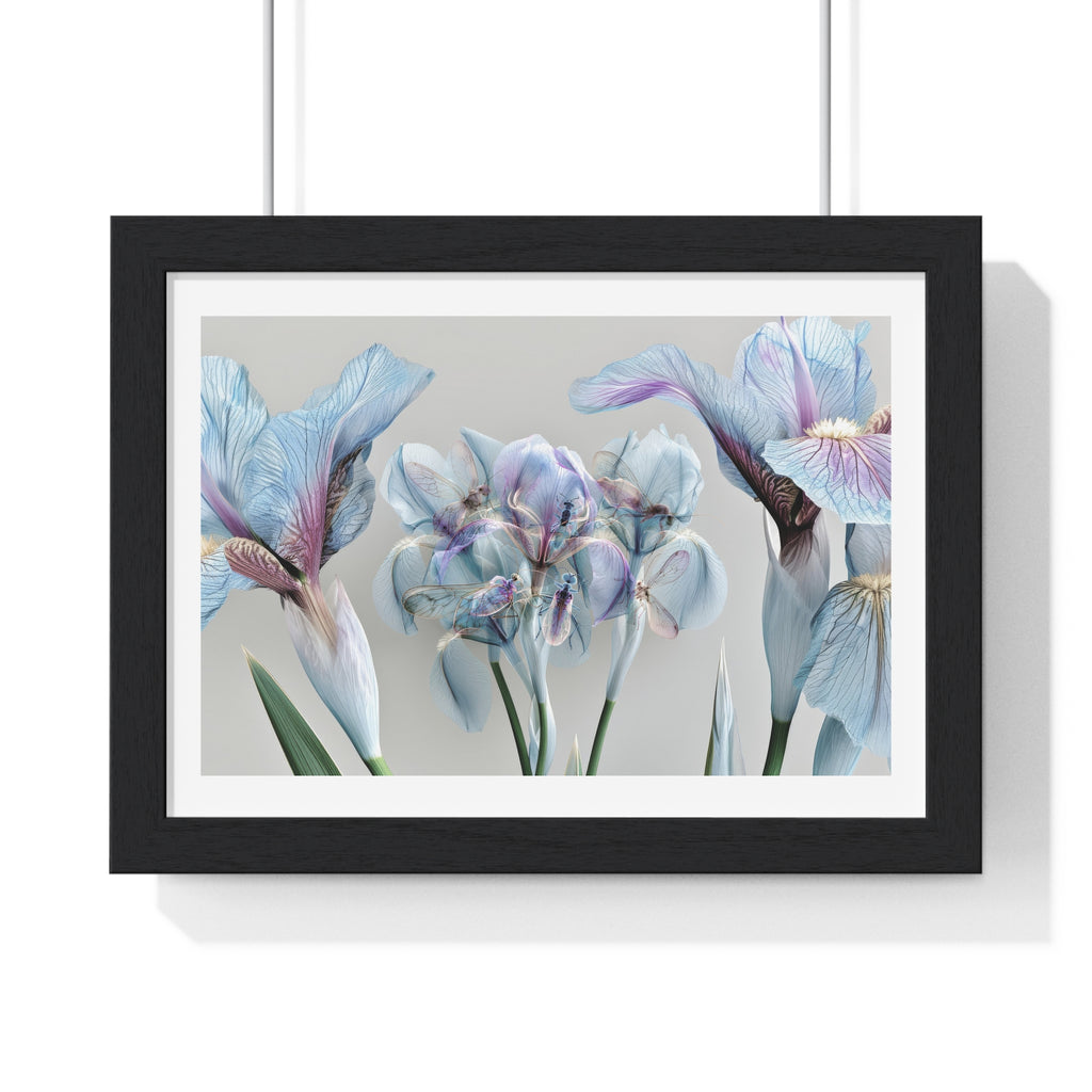 Botanical Iris Framed Poster — Soft Blue Floral Wall Art (Horizontal)