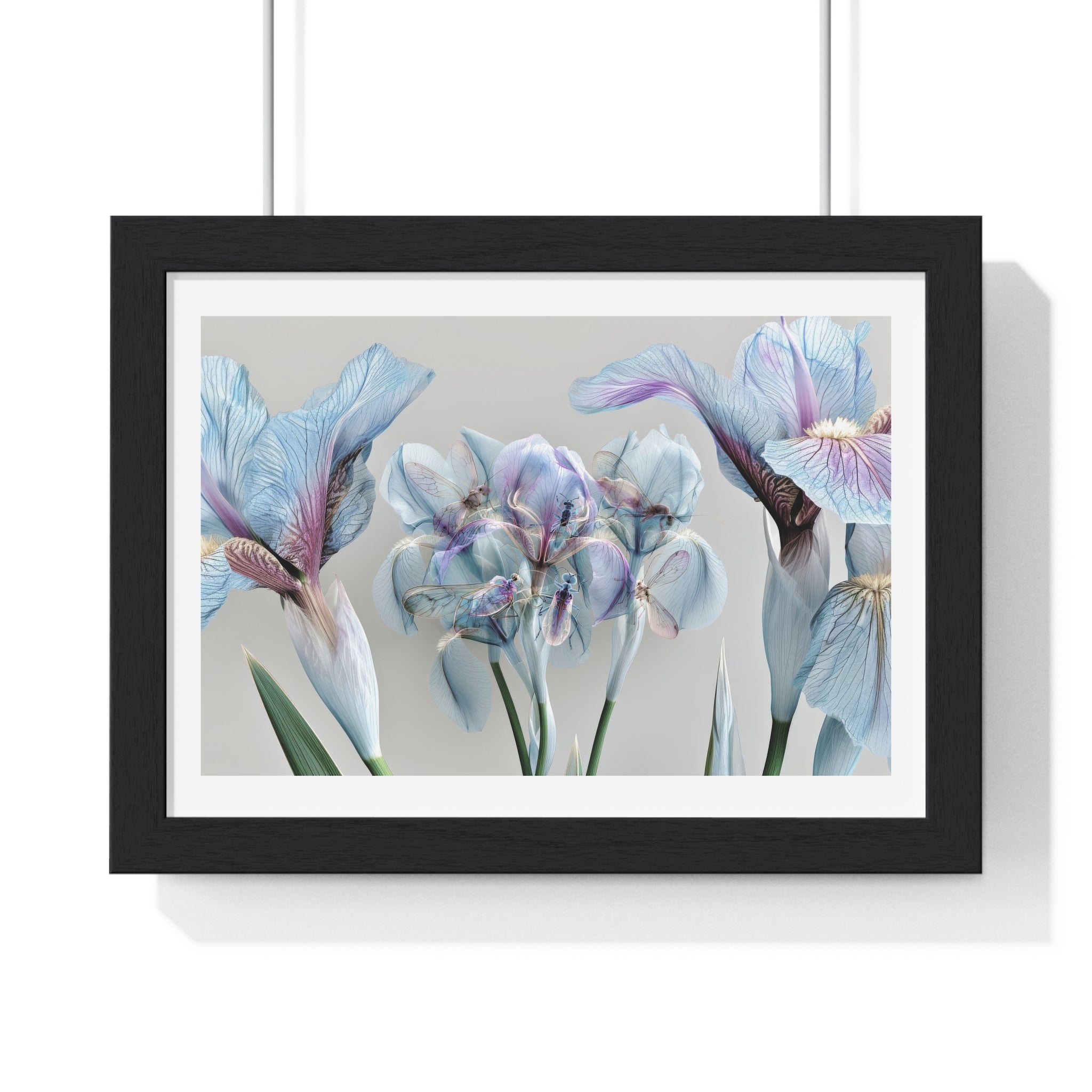 Botanical Iris Framed Poster — Soft Blue Floral Wall Art (Horizontal)