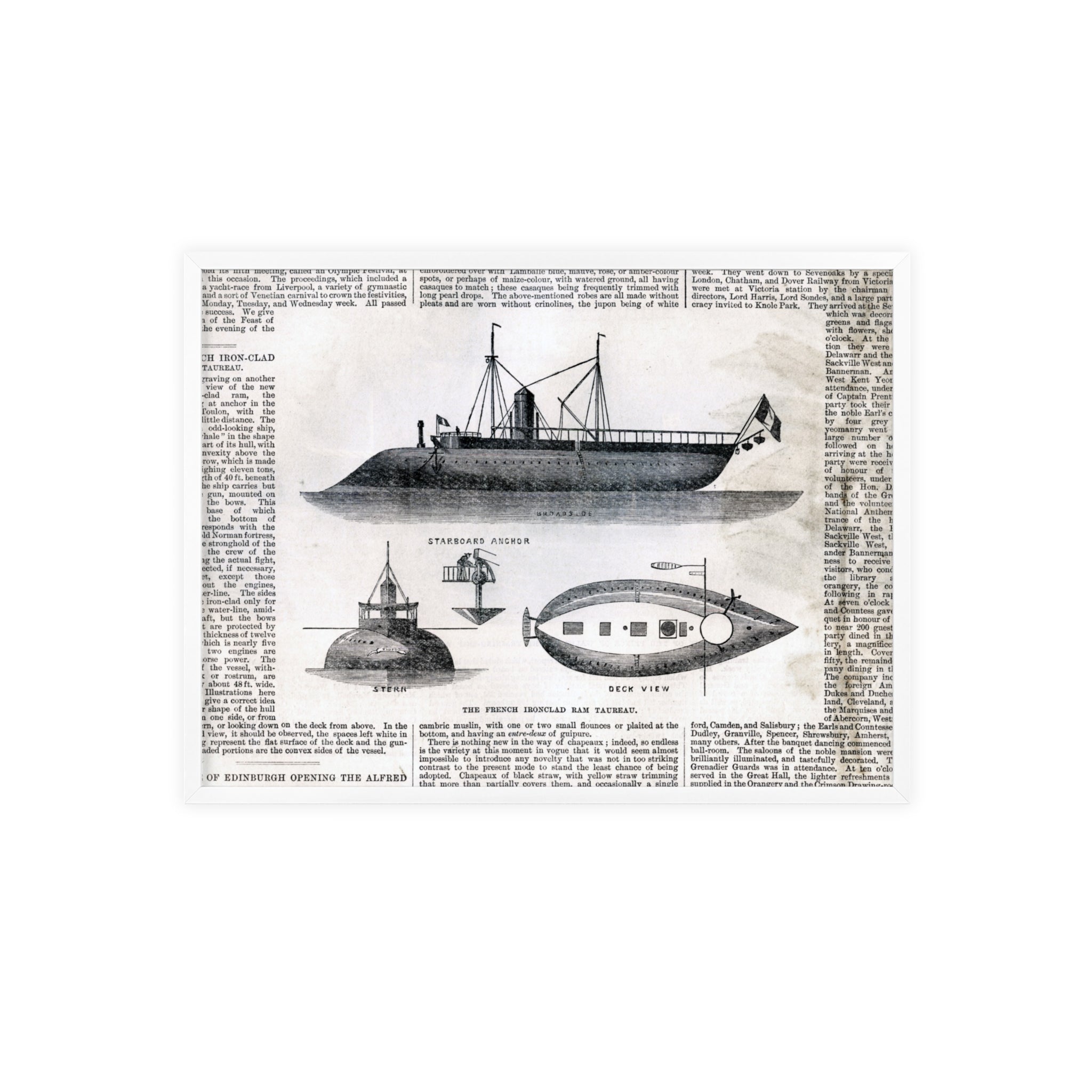 The French Ironclad RAM TAUREAU. Vintage Steamboat Patent Poster — Framed Nautical Wall Art
