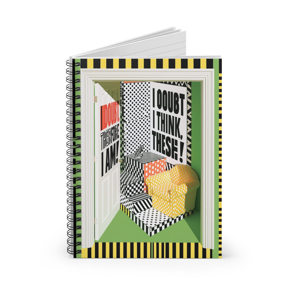Ruled Spiral Notebook — 'I Doubt I Think, These?' Retro Geometric Cover