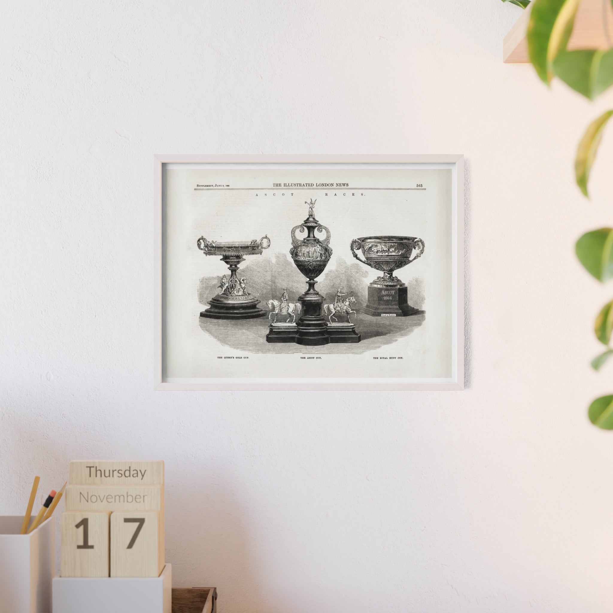 The ASCOT Races. Vintage Trophy Engraving Poster with Wooden Frame