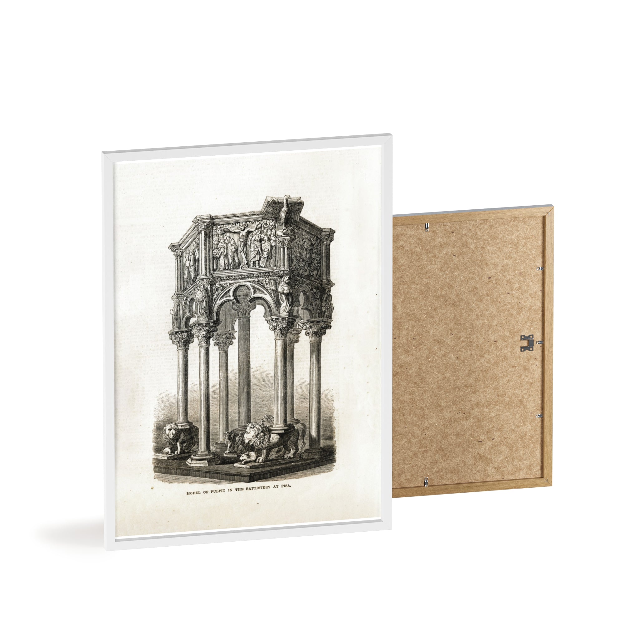 Model of Pulpit in the Baptistery at PISA. Antique Architectural Print Poster — Gothic Baptistery Illustration in Wooden Frame