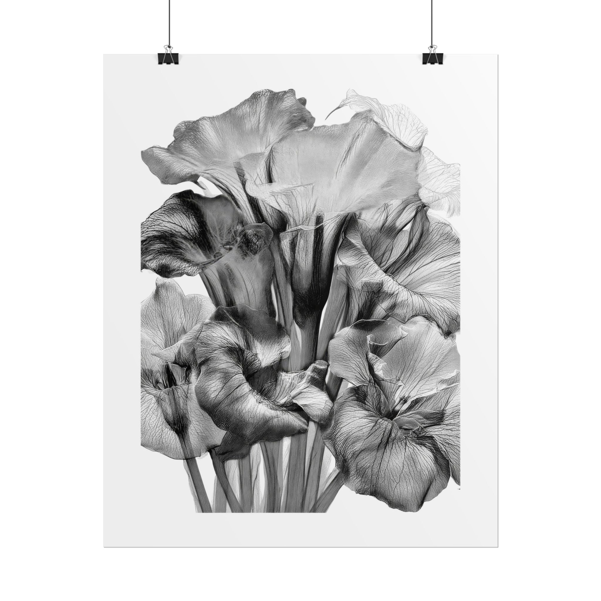 Black & White Iris Botanical Poster — Monochrome Floral Wall Art (Rolled Poster)