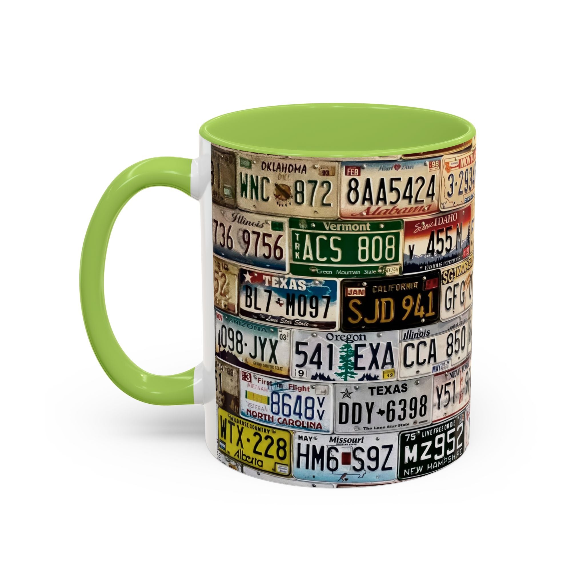License Plate Collage Coffee Mug — Route 66, Vintage Road Trip Accent Mug