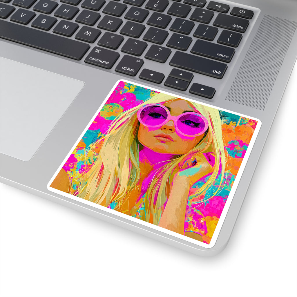 Pop Art Blonde Girl Square Sticker — Retro Neon Portrait Laptop Decal