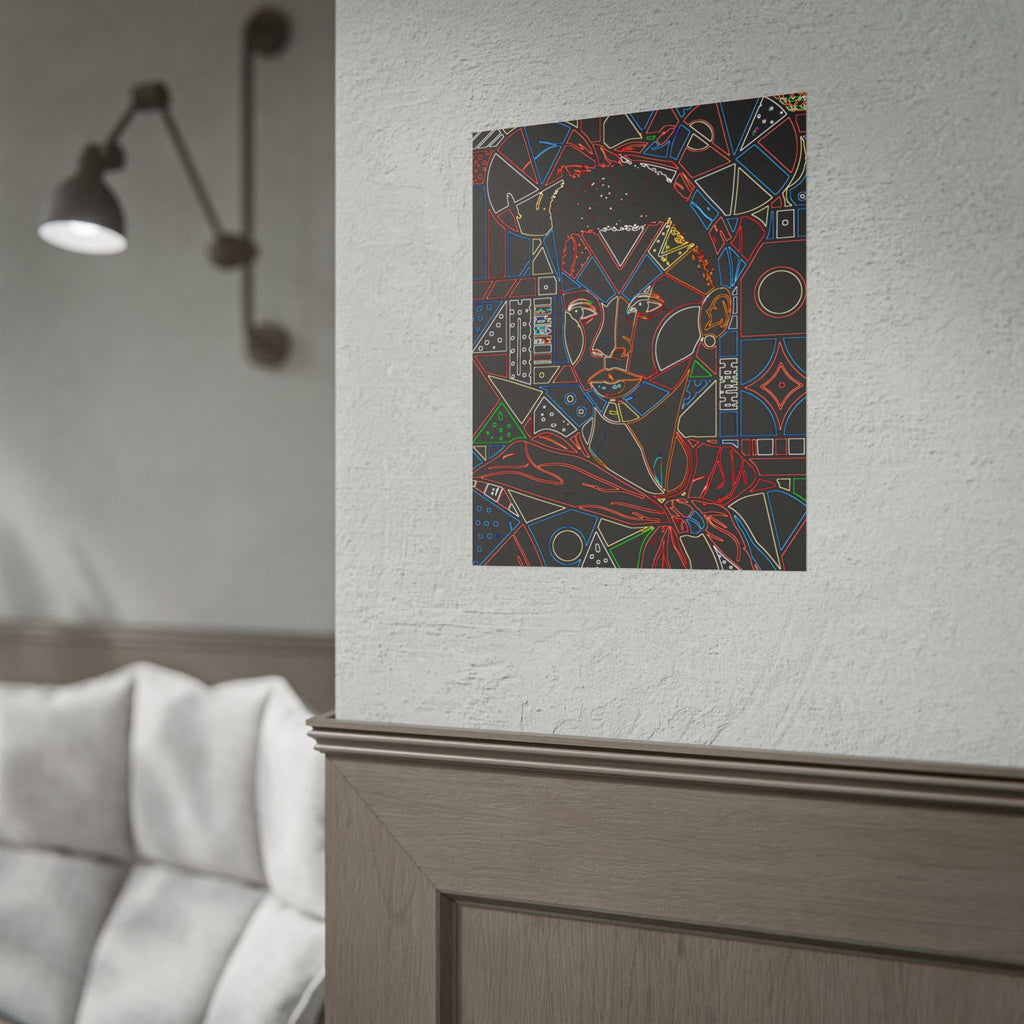 Neon Line Art Portrait Poster — Afro Futurism Geometric Wall Art (Rolled)