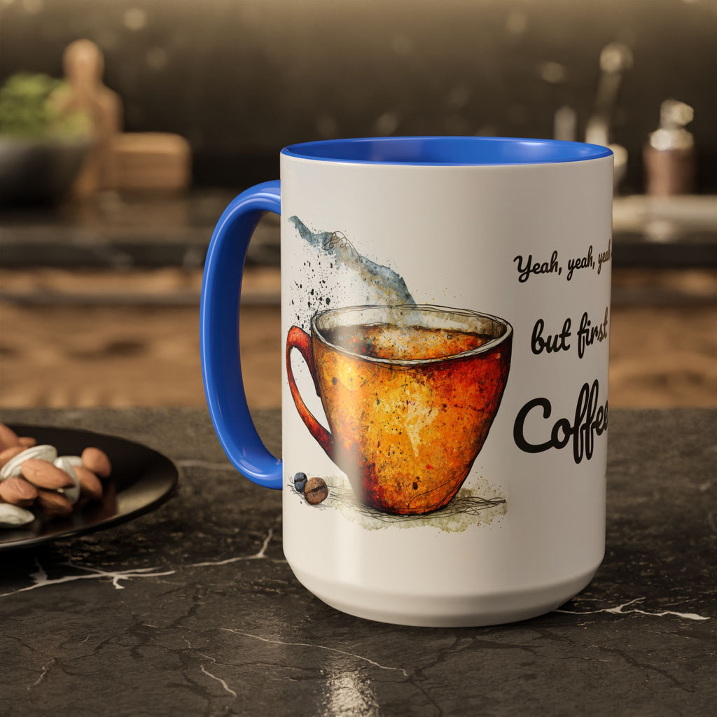 But First Coffee Ceramic Mug — Colorful Watercolor Coffee Cups (11oz & 15oz)
