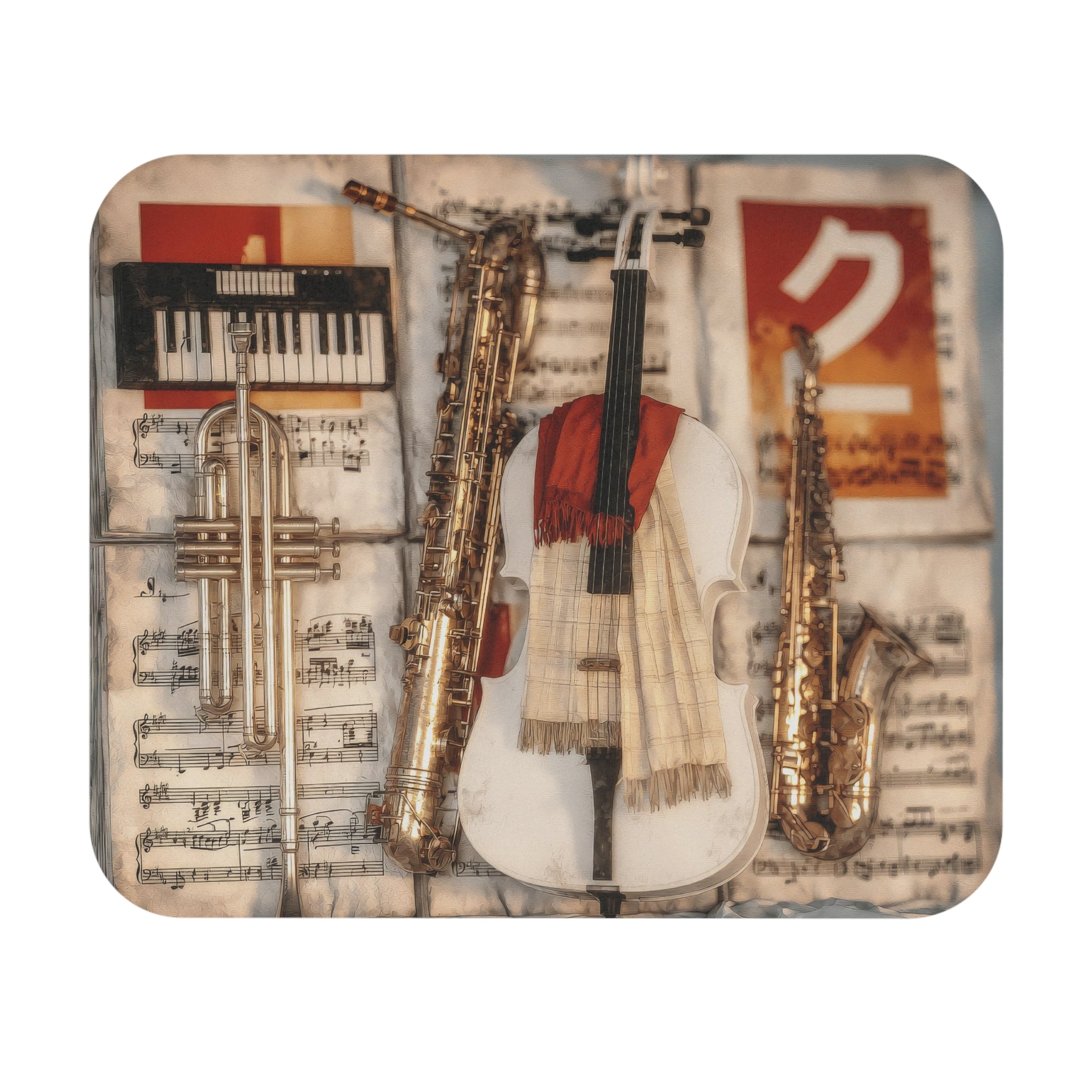 Music Instruments Mouse Pad — Vintage Violin, Saxophone & Keyboard Desk Mat