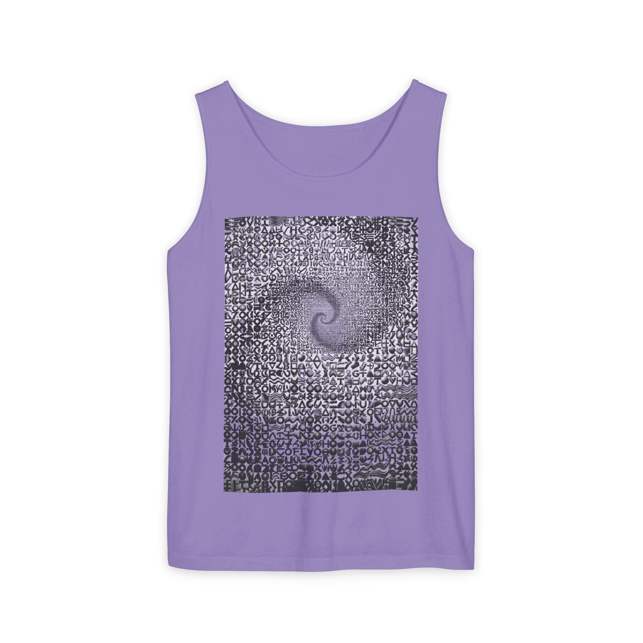 Spiral Text Art Tank Top — Monochrome Optical Typography Tee