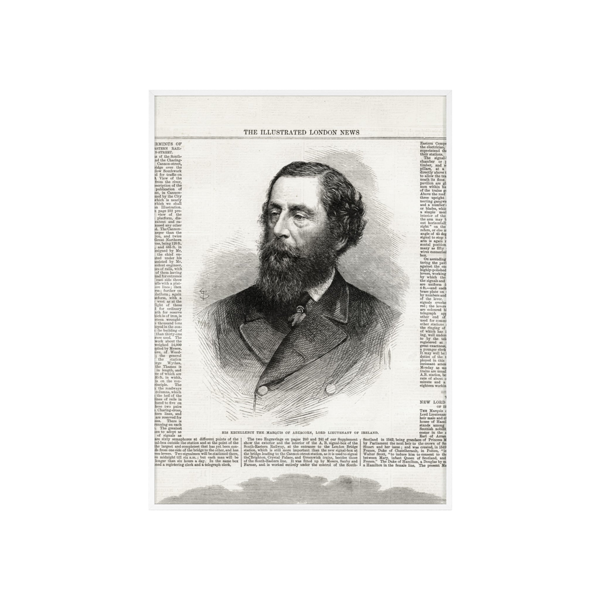 His Excellency the Marquis of Abercorn, Lord Lieutenant of Ireland. Vintage Illustrated Portrait Poster with Wooden Frame — Antique Newspaper Print