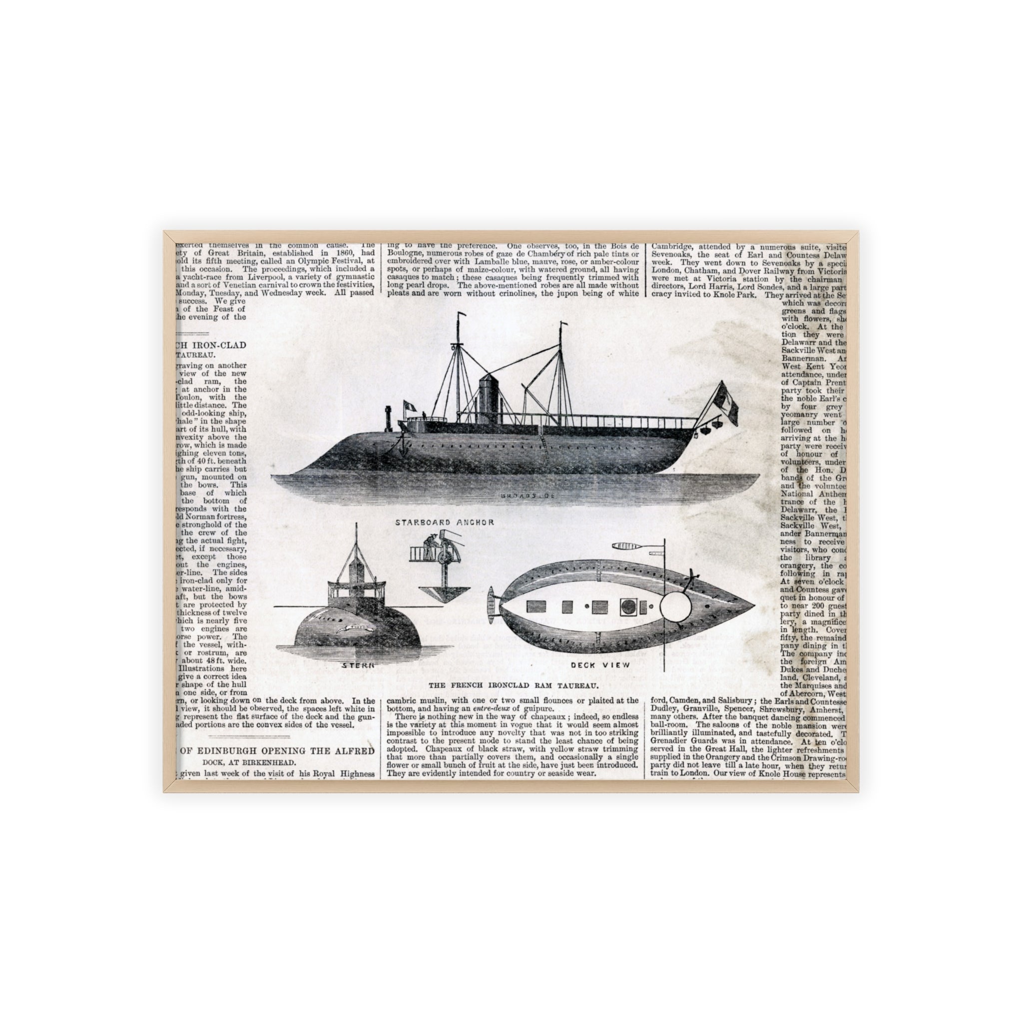 The French Ironclad RAM TAUREAU. Vintage Steamboat Patent Poster — Framed Nautical Wall Art