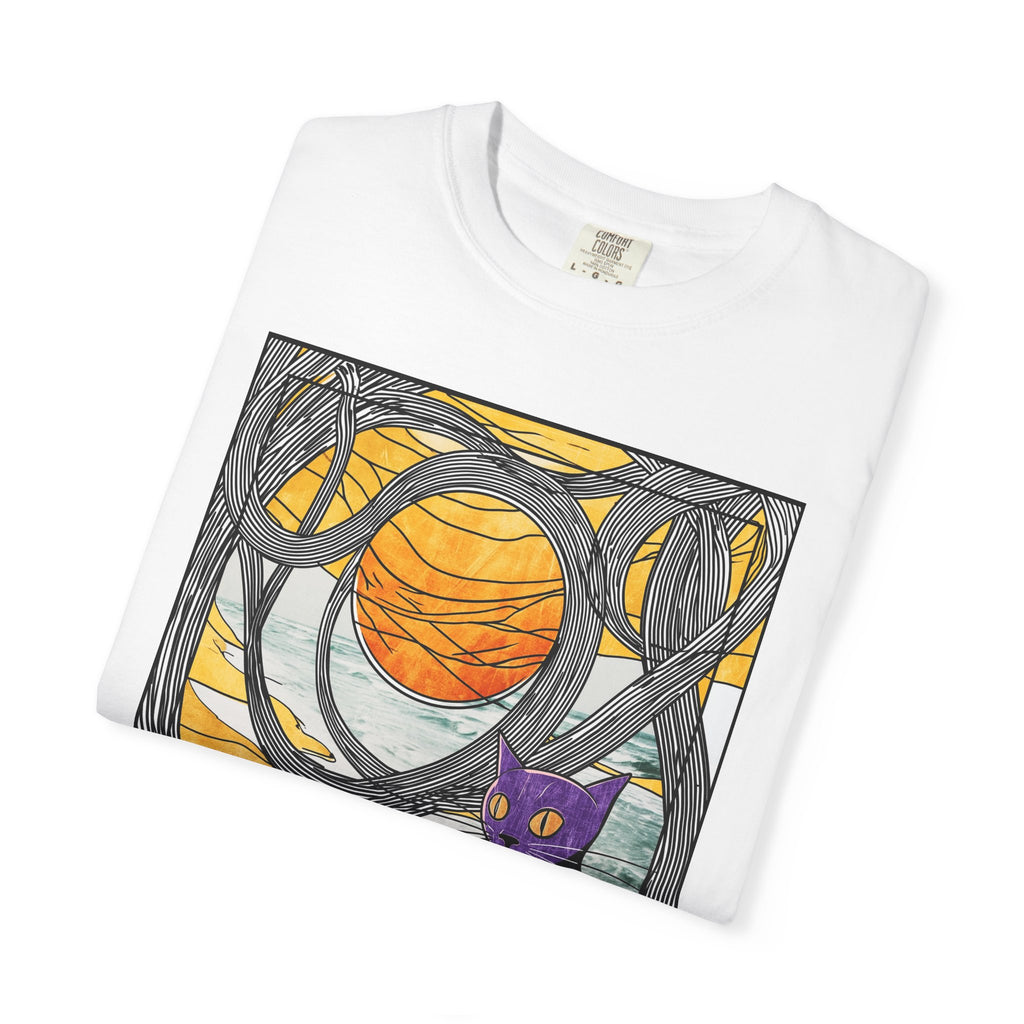 Cat Moon T-Shirt — Black Cat with Purple Mask & Sunset Stained-Glass Design