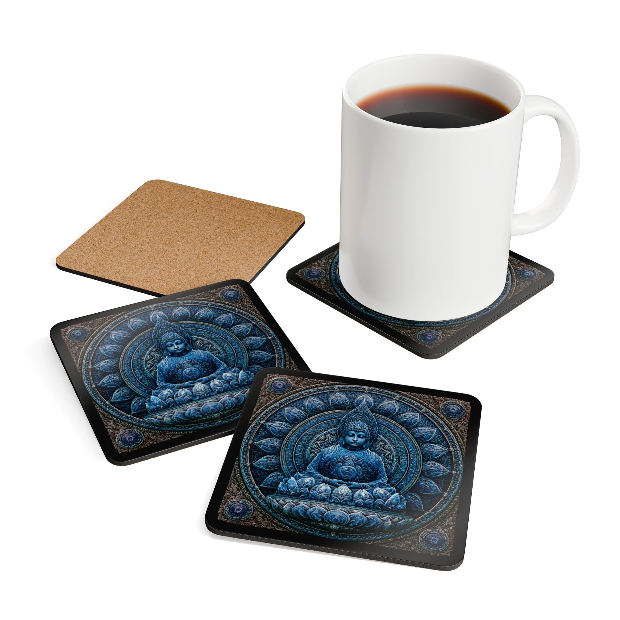 Blue Buddha Cork Coaster Set — Zen Meditation Drink Coasters