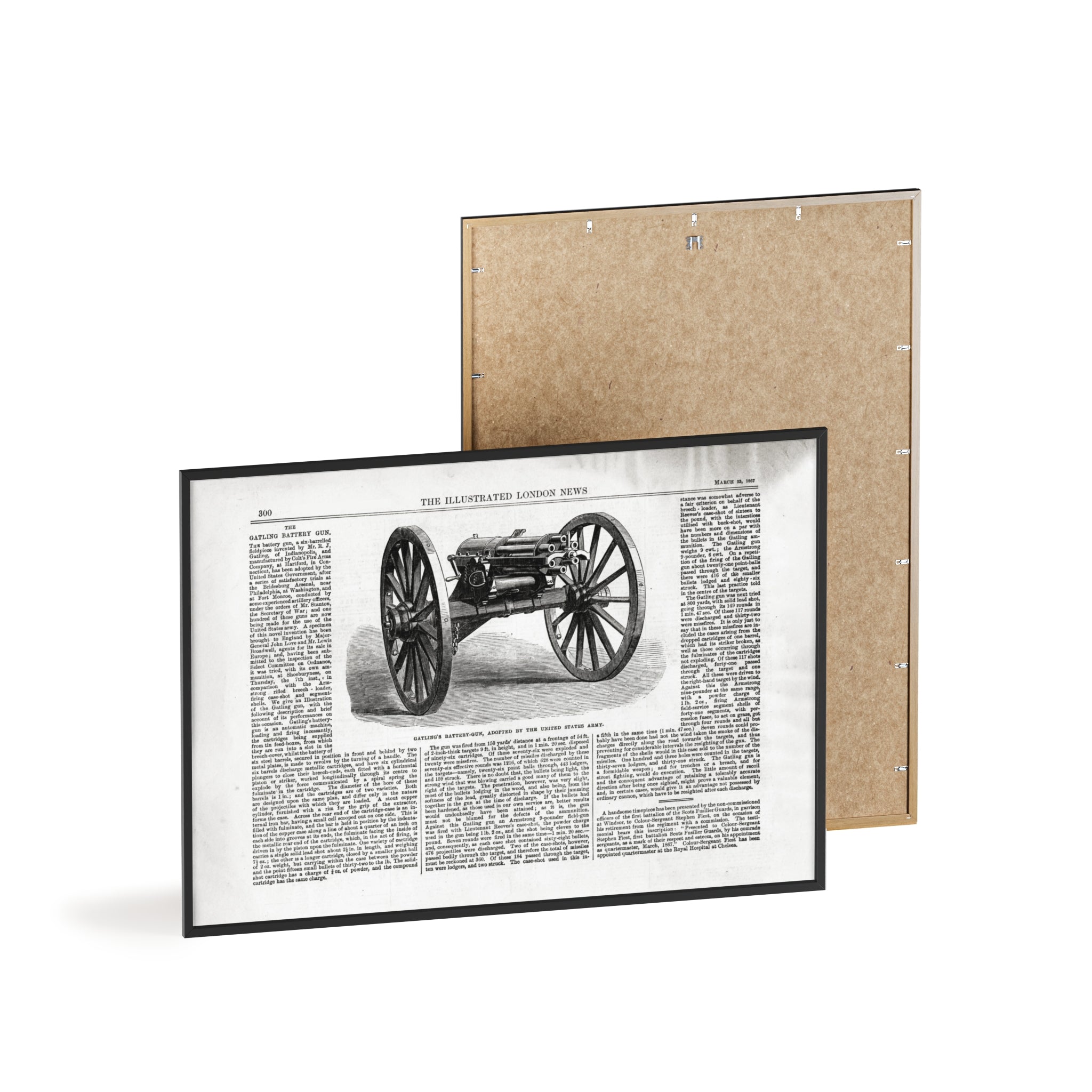 GATLING'S Battery-Gun, adopted by the United States Army. Vintage Cannon Patent Poster with Wooden Frame – Antique Engineering Print