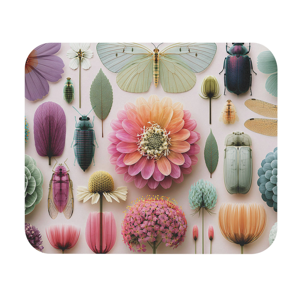 Floral & Beetle Decorative Mouse Pad — Pastel Garden Desk Mat